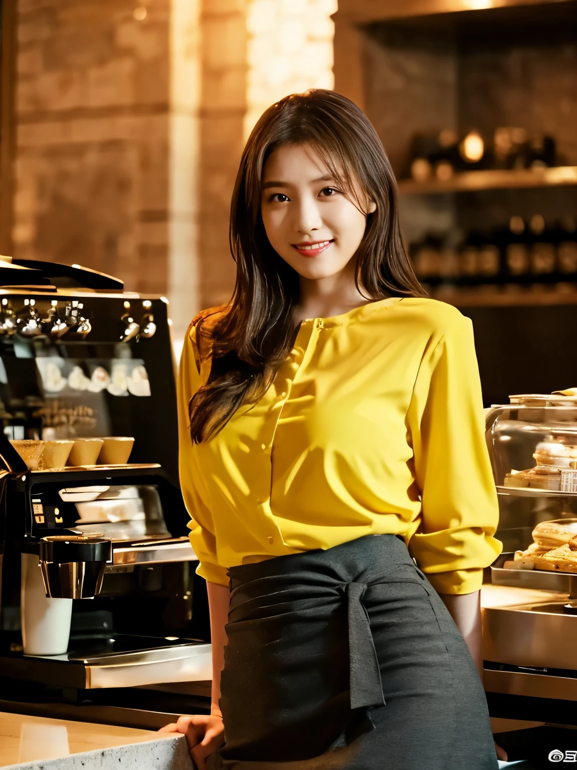 1 girl, (wearing a yellow blouse:1.2), short skirt, beautiful japanese actress, (RAW photo, highest quality), (realistic, Photoreal:1.4), masterpiece, very delicate and beautiful, very detailed, 2k wallpaper, wonderful, finely, very detailed CG Unity 8K 壁紙, Super detailed, High resolution, soft light, beautiful detailed girl, very detailed目と顔, beautifully detailed nose, beautiful and detailed eyes, cinematic lighting, break, (Against the backdrop of a Inside the coffee shop 1.3), city lights, perfect anatomy, slender body, smile, Face the front completely, (look at the camera), (waist shot), (emphasize big breasts),
