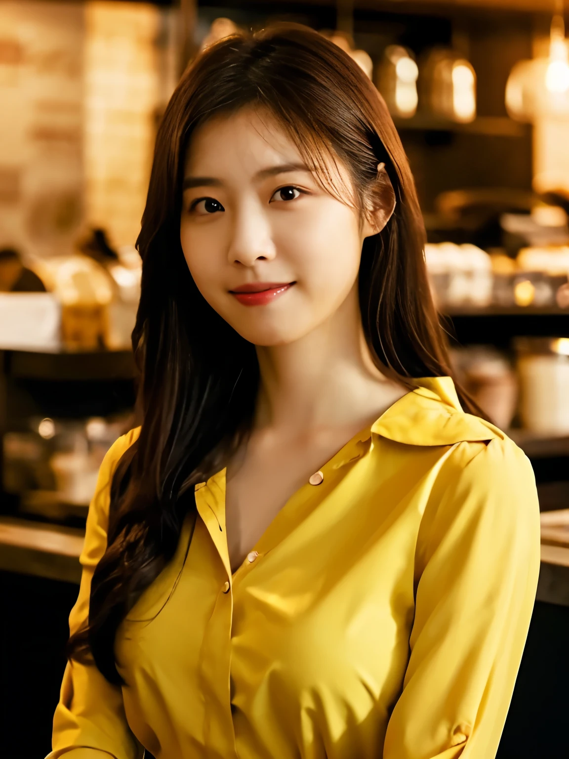 1 girl, (wearing a yellow blouse:1.2), short skirt, beautiful japanese actress, (RAW photo, highest quality), (realistic, Photoreal:1.4), masterpiece, very delicate and beautiful, very detailed, 2k wallpaper, wonderful, finely, very detailed CG Unity 8K 壁紙, Super detailed, High resolution, soft light, beautiful detailed girl, very detailed目と顔, beautifully detailed nose, beautiful and detailed eyes, cinematic lighting, break, (Against the backdrop of a Inside the coffee shop 1.3), city lights, perfect anatomy, slender body, smile, Face the front completely, (look at the camera), (waist shot), ((emphasize big breasts)),