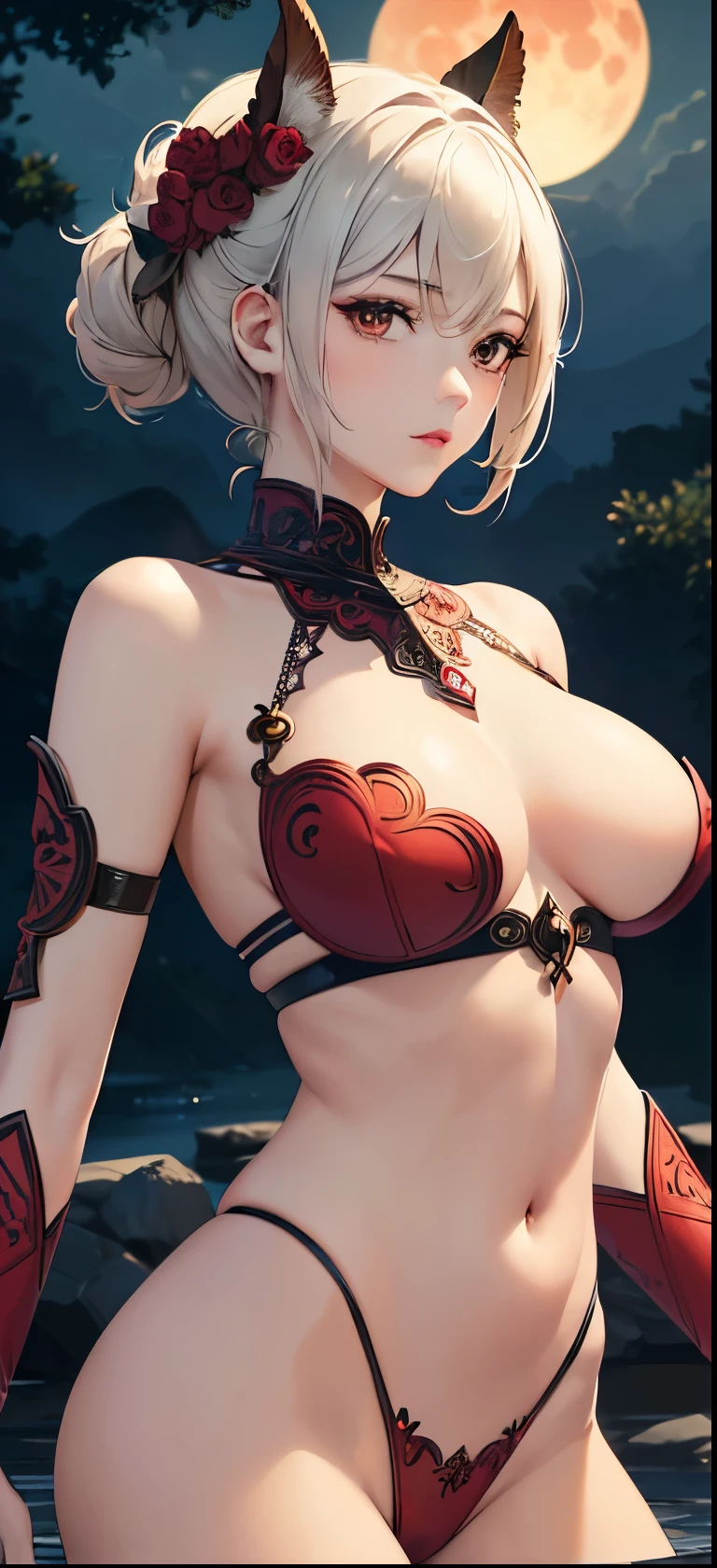 NSFW((masterpiece)), (((Best Quality))), ((Ultra-detailed)), (extremely detailed photo), ((extremely delicate and beautiful)),(Cute delicate face), ((masterpiece)), perfect anatomy, intricate, (highly detailed), masterpiece, photorealistic, (A 35 years old very dignified girl),(red and black armor), (The Night of the Crimson Full Moon) ,solo,short hair, looking at viewer, (holding glowing weapon), double eyelid,delicate skin,slender body shape,