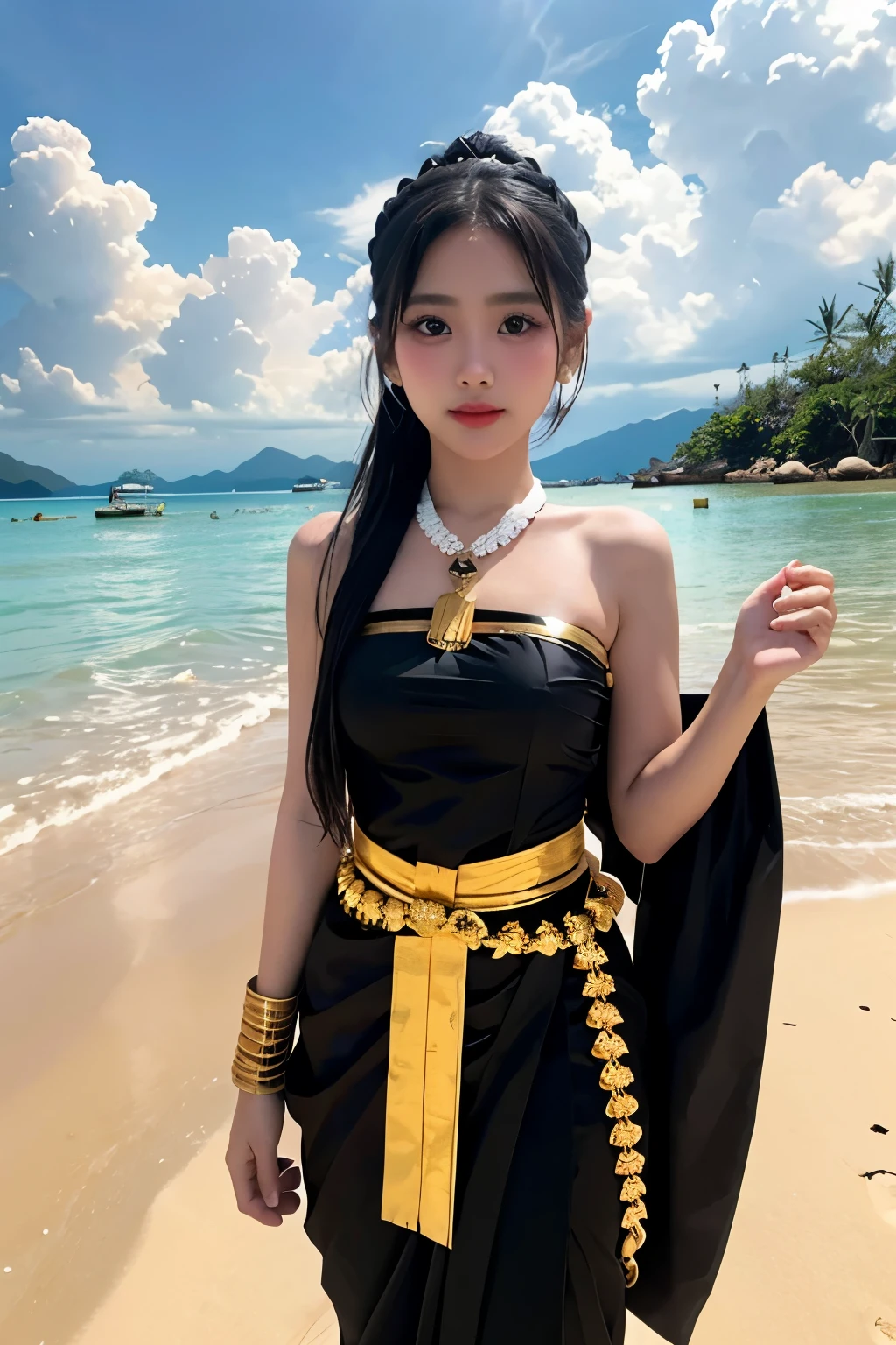 1girl, black tradition Thai costume ,Koh Samui Thailand beach background.