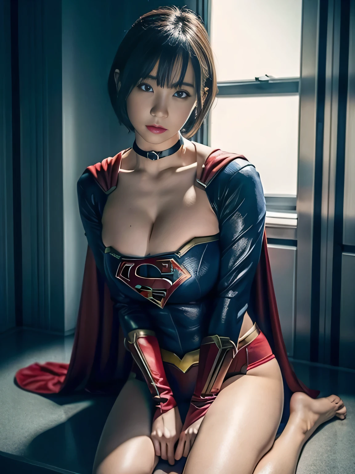 masterpiece、supergirl costume、short hair、barefoot、big and full breasts、human experiment subjects、Research room、operating table、Crisis situation、straddle、choker、shiny、looking at camera、Seduce、choker、long sleeve、red sexy pose、model body shape、
