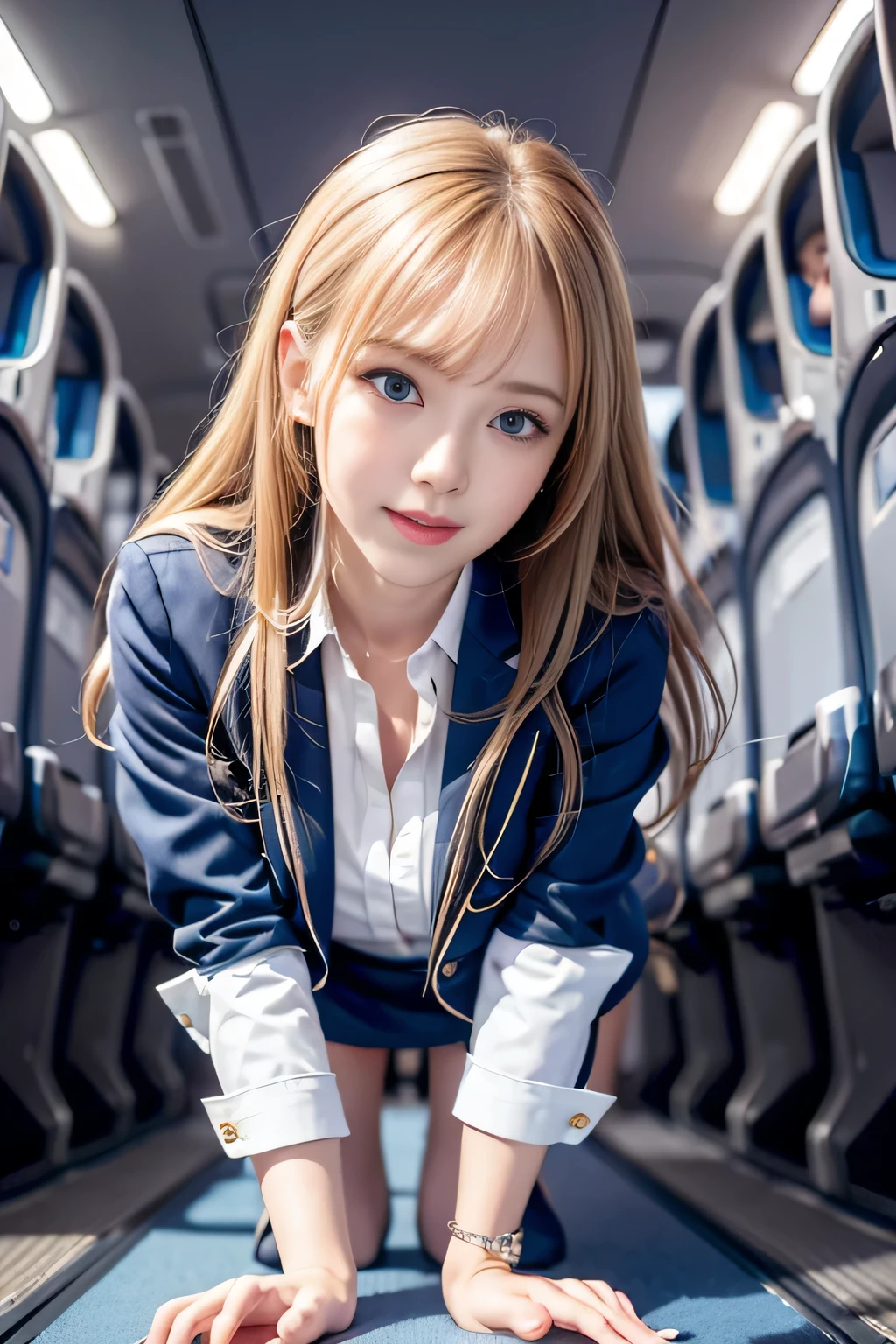 1girl in, Blonde hair, Bangs, Long hair, Straight hair, PUPILS SPARKLING, longeyelashes, makeup, Bright pupils, lightsmile, depth of fields, One-person viewpoint, From below, wide angles, F/1.8, 135 mm, canon, nffsw, retinas, masutepiece, ccurate, Anatomically correct, Textured skin, Super Detail, high details, High quality, hight resolution, 1080p, hard disk, 4K, 8K(Beautiful flight attendant sitting on airplane seat),Super beautiful,perfect bodies,(Flight attendants dressed beautifully and with great care),gently smiling,Stockings,high-heels,fully body photo,