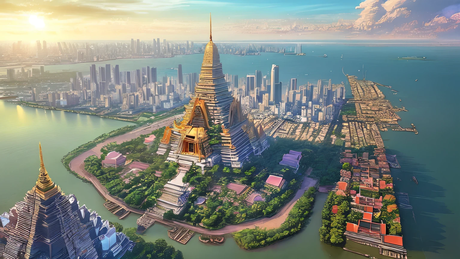 An anime-style aerial view of Bangkok, with a focus on the glittering Wat Arun temple at the heart of the city.
The intricate details of the temple's architecture are highlighted in gold, standing majestically along the riverbank.
The surrounding cityscape basks in the bright, clear sky, showcasing a harmonious blend of tradition and modernity.