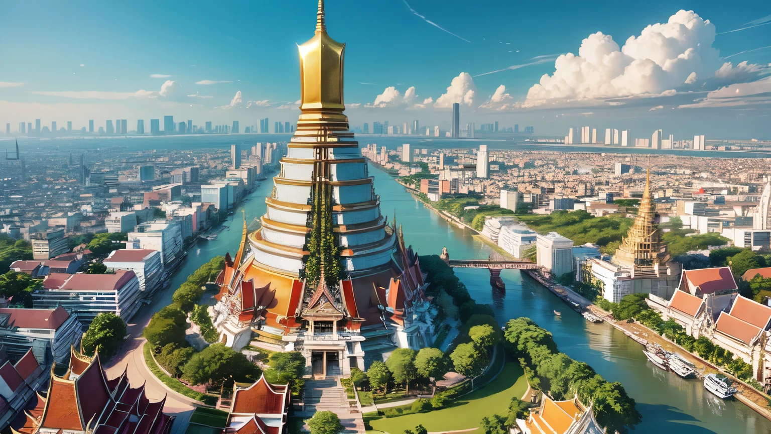 An anime-style aerial view of Bangkok, with a focus on the glittering Wat Arun temple at the heart of the city.
The intricate details of the temple's architecture are highlighted in gold, standing majestically along the riverbank.
The surrounding cityscape basks in the bright, clear sky, showcasing a harmonious blend of tradition and modernity.