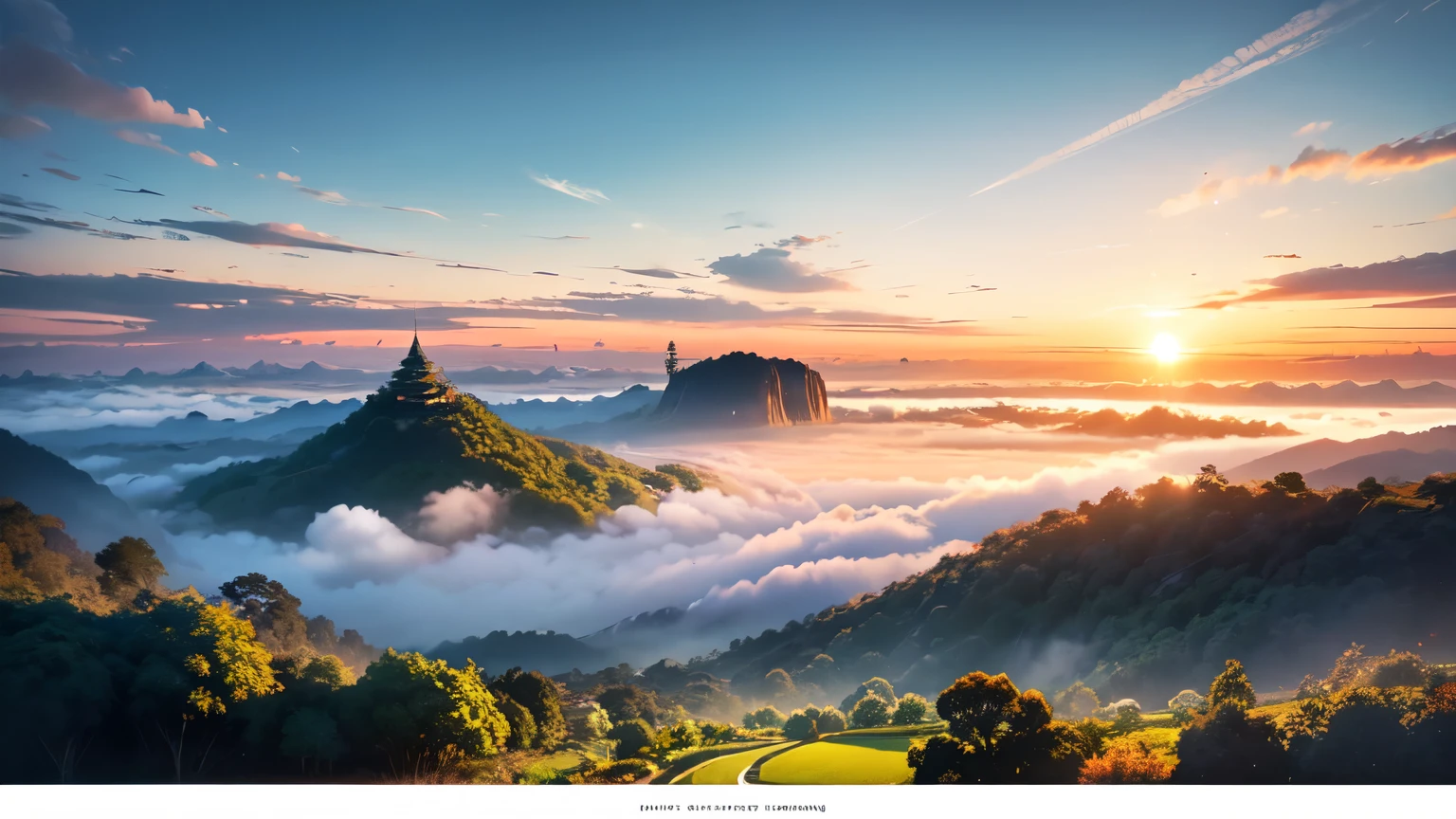 An anime-style panoramic drone shot captures the serene beauty of Chiang Rai's lush green mountains, enveloped in a gentle sea of mist at dawn.
Strawberry fields add vibrant patches of red to the landscape, contrasting with the verdant hues.
Above, the sky is a clear, brilliant blue, with the rising sun casting a soft, golden light that illuminates the scene with a dreamy glow.