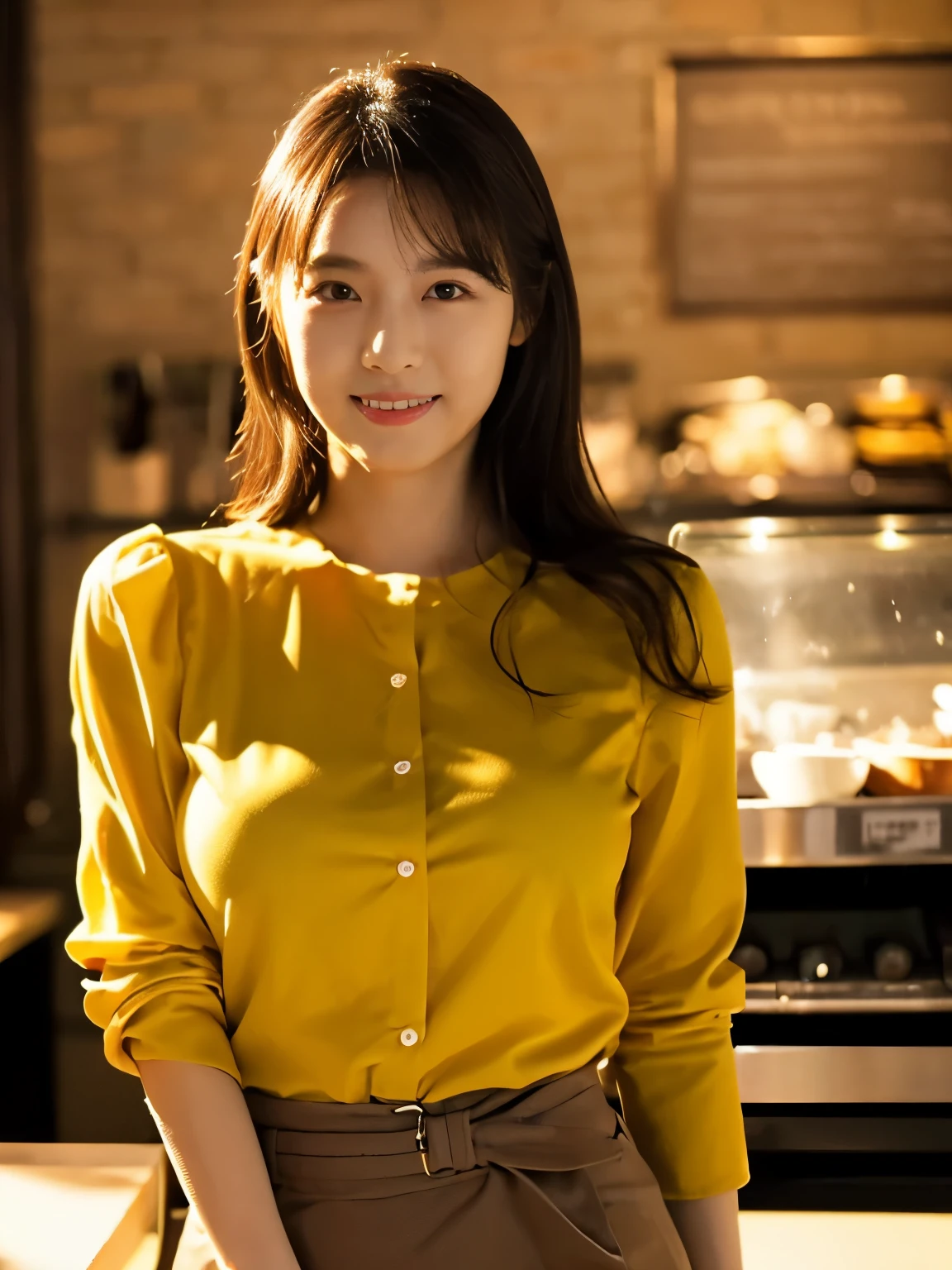 1 girl, (wearing a yellow blouse:1.2), short skirt, beautiful japanese actress, (RAW photo, highest quality), (realistic, Photoreal:1.4), masterpiece, very delicate and beautiful, very detailed, 2k wallpaper, wonderful, finely, very detailed CG Unity 8K 壁紙, Super detailed, High resolution, soft light, beautiful detailed girl, very detailed目と顔, beautifully detailed nose, beautiful and detailed eyes, cinematic lighting, break, (Against the backdrop of a Inside the coffee shop 1.3), city lights, perfect anatomy, slender body, smile, Face the front completely, (look at the camera), (waist shot), (emphasize big breasts),