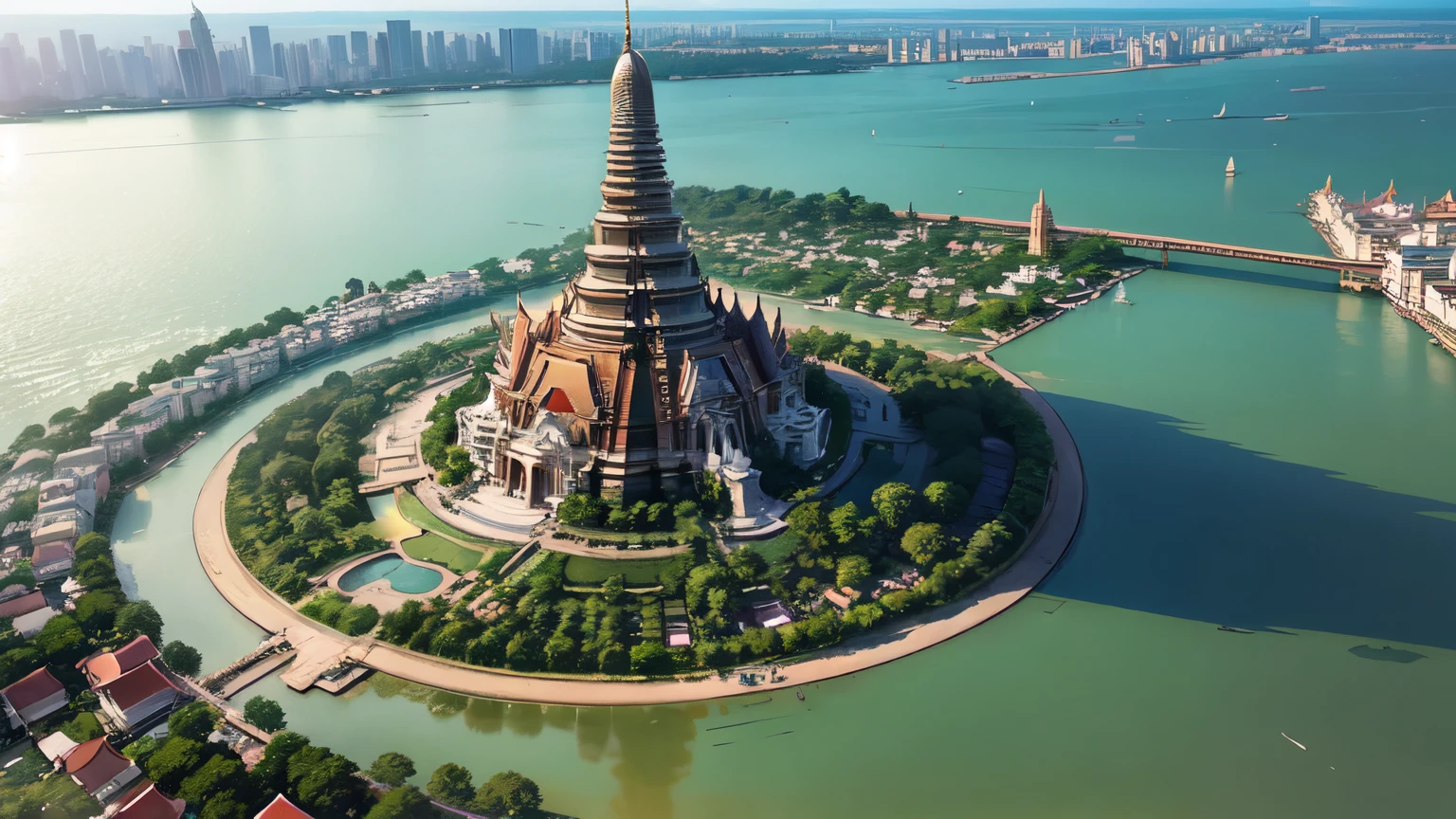 An anime-style aerial view of Bangkok, with a focus on the glittering Wat Arun temple at the heart of the city.
The intricate details of the temple's architecture are highlighted in gold, standing majestically along the riverbank.
The surrounding cityscape basks in the bright, clear sky, showcasing a harmonious blend of tradition and modernity.