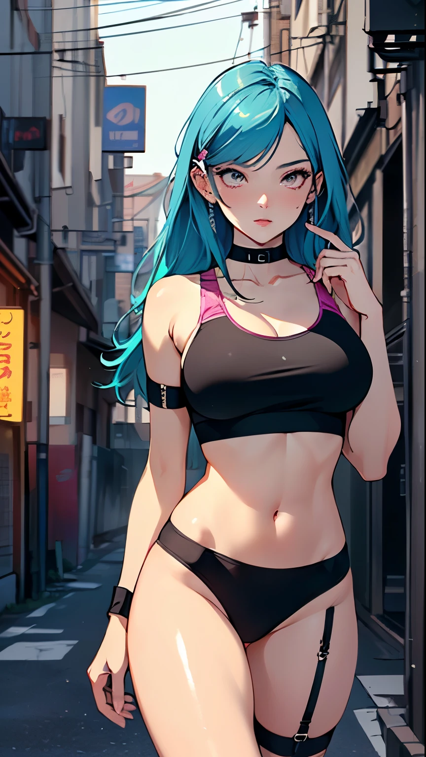 sporty girl with Asian features,(((1girl))),((anime girl with dark hair and turquoise highlights, extremely cute and beautiful walking seductively down the street)),
(large breasts:1.4),saggy breasts,(((Black hair with turquoise streaks:1.35, straight hair, long hair:1.4, colored inner hair,ear breathing))),((heterochromia, eye1 blue, eye2 turquoise, perfect eyes, upturned eyes:1.3, beautiful detailed eyes, finely detailed beautiful eyes:1, big highlight on eyes:1.2, slanted eyes)), ((fat)),(((lustrous skin:1.5,bright skin: 1.5,skin tanned,shiny skin,very shiny skin,shiny body,plastic glitter skin,exaggerated shiny skin))),(spider lower abdomen,narrow waist,wide hip,athletic body,inflated legs,delicate detailed fingers,detailed body,detailed arms,human hands, detailed hands),
cute,slutty,seductive,erotic,(((nsfw))),
zettai ryouiki,revealing clothing,show skin,((((undermall magenta sports bra, sport thong,visible thong straps))),(wearing a sport outfit:1.3,sport clothes,semi-naked,with little clothing,),(detailed outfit,detailed clothes),
(dynamic pose:1.0), embarrassed, centered, scale to fit dimensions, Rule of thirds,
outdoors, ((night view)), (cyberpunk night street Background: 1.5,dark sky,alleyway,lonely alley,thick clouds, detailed background:1.25),
(best quality), (high resolution), (sharp focus), (ultra detailed), (extremely detailed), (extremely high quality artwork), 8k_wallpaper, (extremely detailed CG 8k),(very fine 8K CG), ((hyper super ultra detailed perfect piece)), flawlesasterpiece))), illustration, vibrant colors, (intricate), High contrast, Selective lighting, Double exposure, HDR (High Dynamic Range), Post-processing, Background blur,