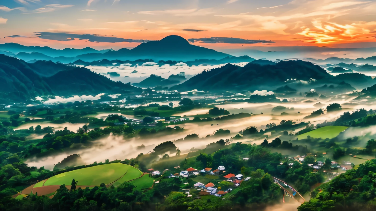An dark realistic-style panoramic drone shot captures the serene beauty of Chiang Rai's lush green mountains, enveloped in a gentle sea of mist at dawn.
Strawberry fields add vibrant patches of red to the landscape, contrasting with the verdant hues.
Above, the sky is a clear, brilliant blue, with the rising sun casting a soft, golden light that illuminates the scene with a dreamy glow.