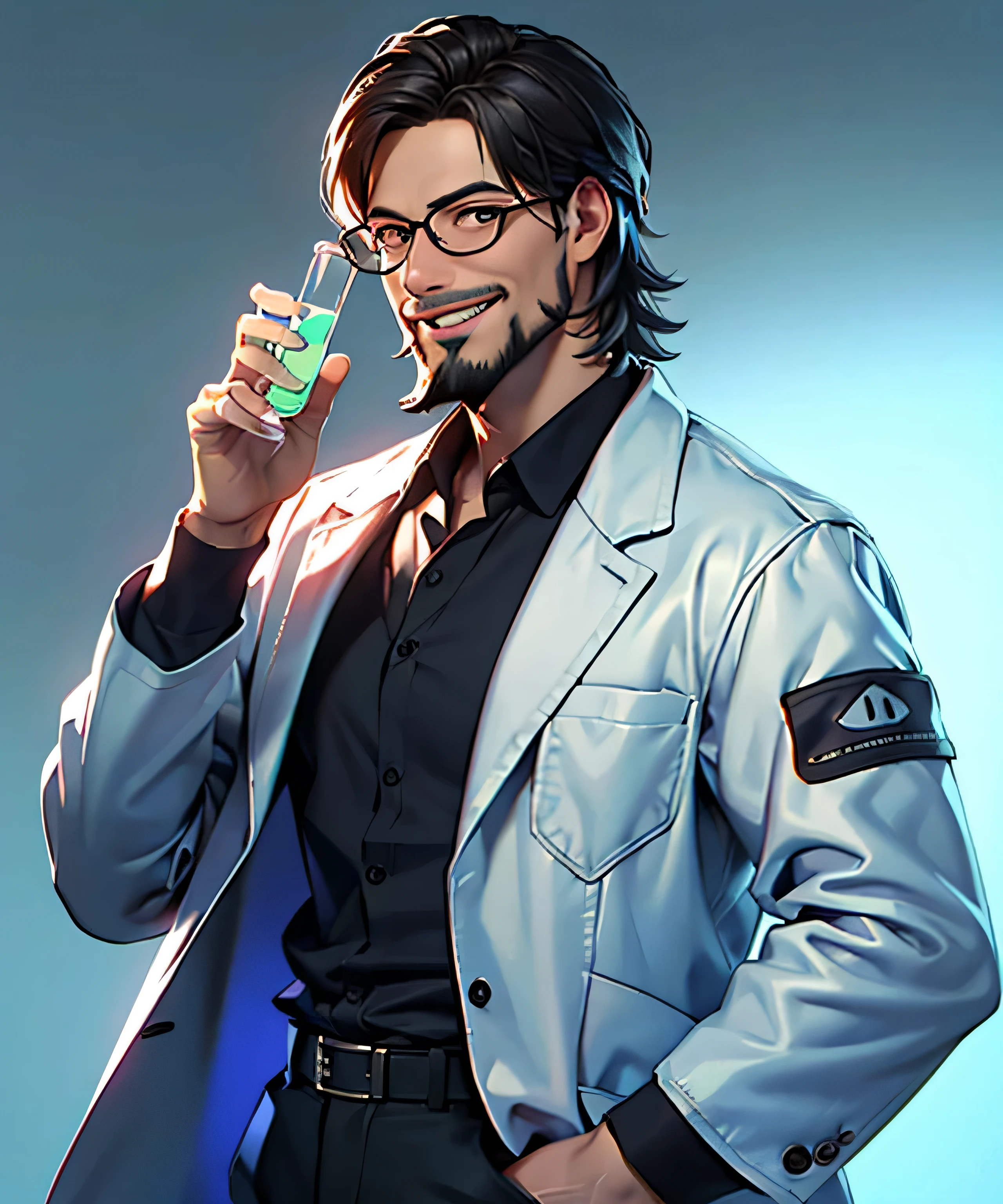11:23(((best quality: 1.4))),(无与伦比的masterpiece), (super high quality),(Hyper-realistic 8K CG)、(middle-aged man有胡子),(There are technological elements on the clothes),(beard),(bad guy),Handheld experimental equipment,crazy smile,middle-aged man,50 years old, Laugh wildly,look at camera, (Home,, white coat, test tube in hand,Test tube glows, Glasses),dim lights,darkroom,masterpiece,Half body, portrait,Ray tracing