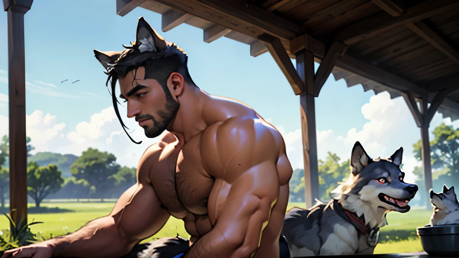 30 anos de idade, O masculino, totalmente nu, restolhos, huge muscles, homem maduro, muscle swelling, bodybuilding, chest muscles, abdomen, luz natural, pele cor de trigo, 1 pessoa, carcaju, Nu, criatura humana, Predadores e presas, hunting, Executar um campo vazio, Vista lateral, Wolves as pets, Men have wolf ears, Displays a side view of the entire body, The wolf cub is following the man, foto grande angular, melhor qualidade, altamente detalhado, Perseguir ovelhas, Ovelha assustada