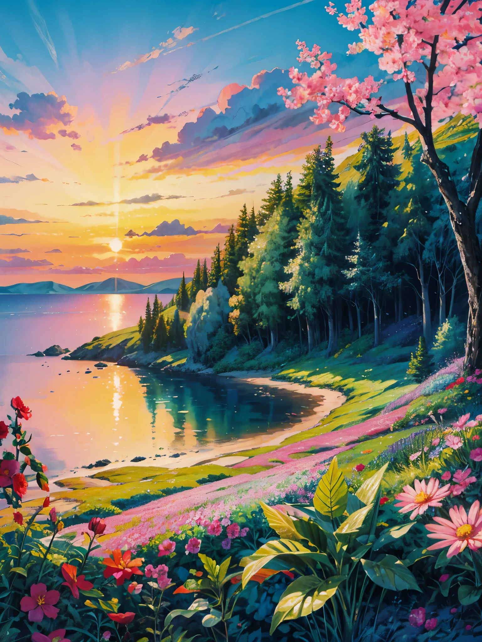 a painting of a sunset over a body of water, colorful landscape painting, floral sunset, vibrant gouache painting scenery, which shows a beach at sunset, dream scenery art, magical colorful flowers, scenic colorful environment, beautiful fantasy painting, nature wallpaper, romanticism landscape painting, beautiful art uhd 4 k, beautiful color art!, fantasy sea landscape, nature painting, fantasy landscape painting
