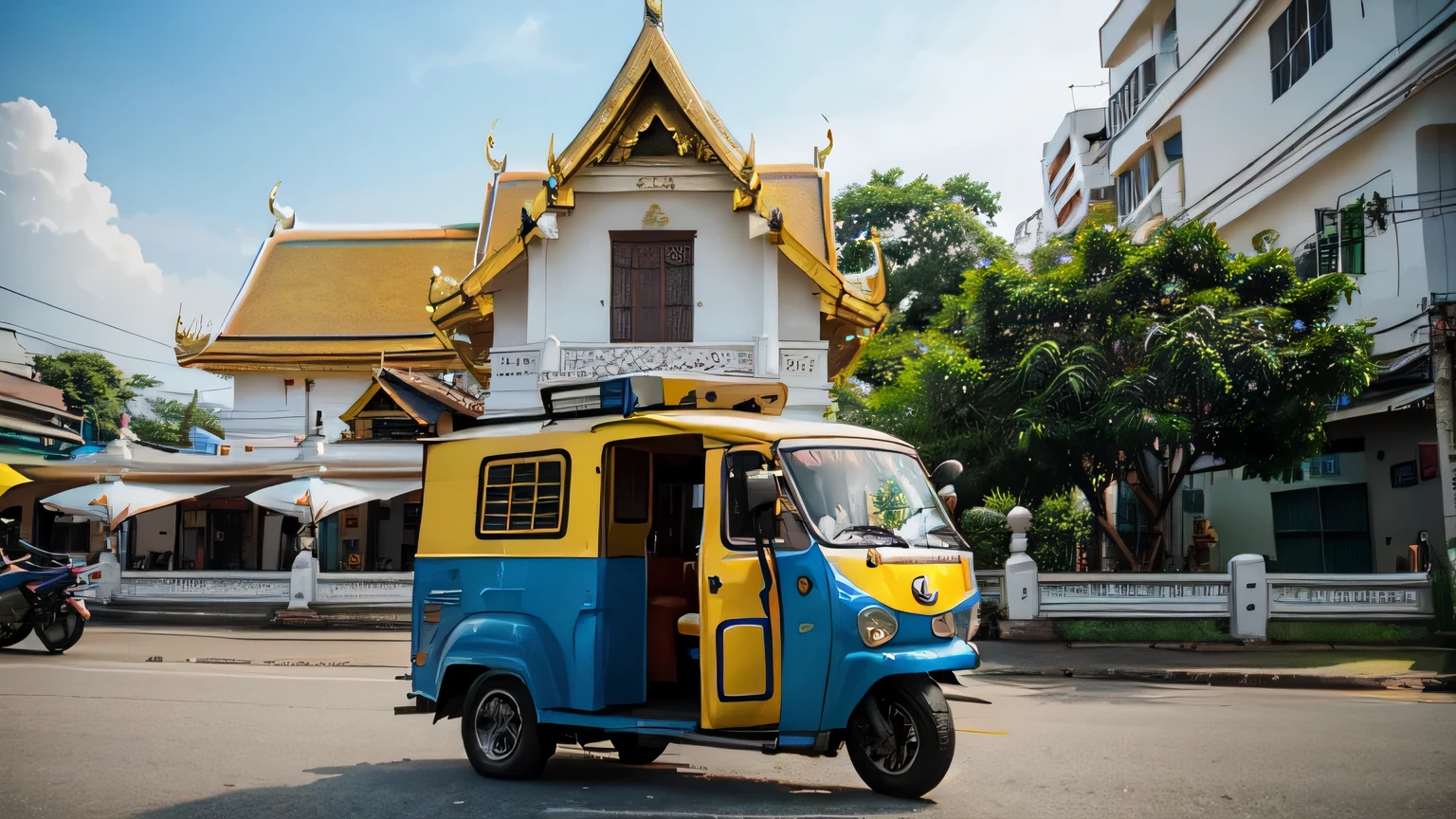 Thai temple in Bangkok.

blue and yellow tuk tuk.