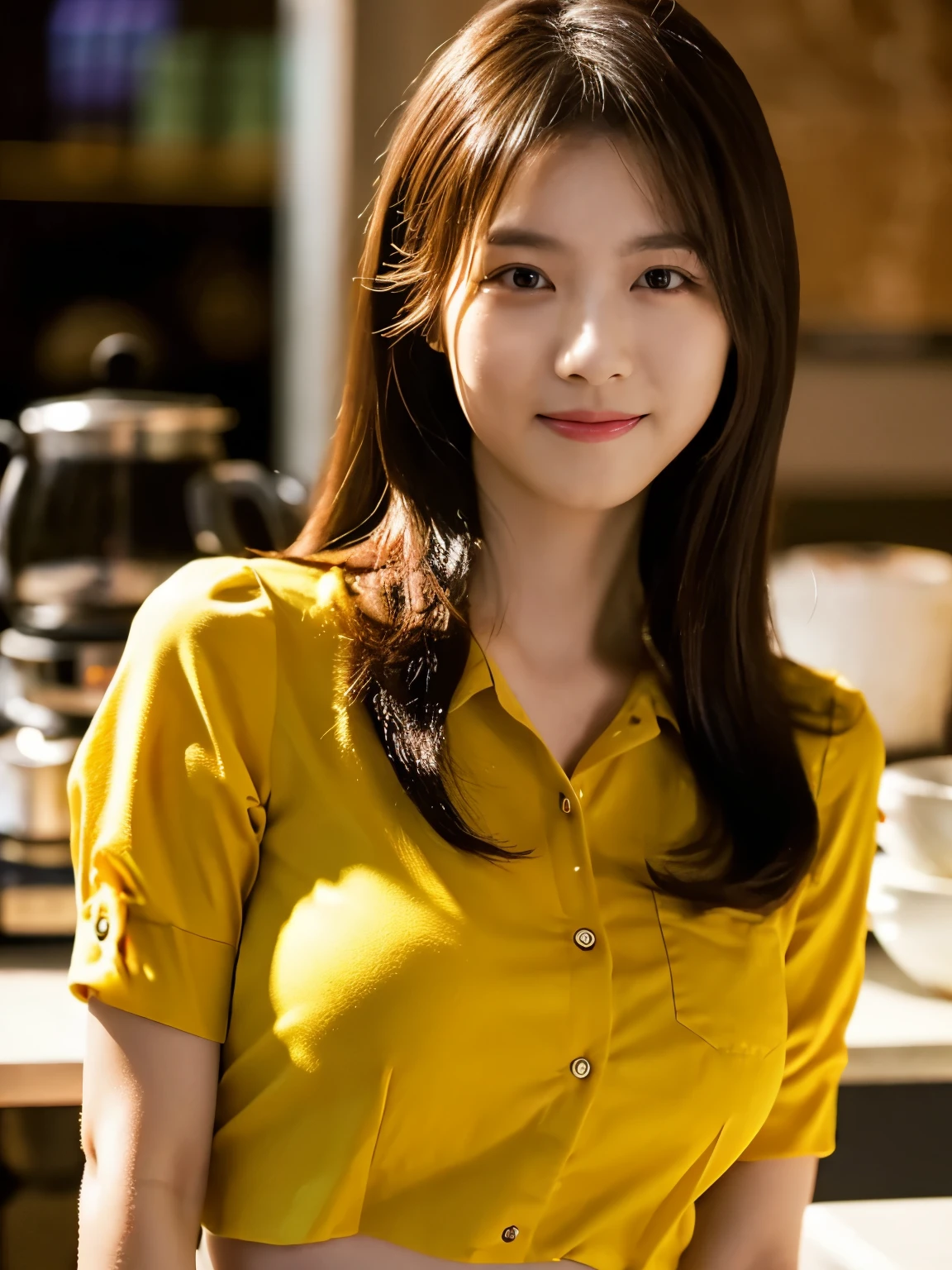 1 girl, (wearing a yellow blouse:1.2), short skirt, beautiful japanese actress, (RAW photo, highest quality), (realistic, Photoreal:1.4), masterpiece, very delicate and beautiful, very detailed, 2k wallpaper, wonderful, finely, very detailed CG Unity 8K 壁紙, Super detailed, High resolution, soft light, beautiful detailed girl, very detailed目と顔, beautifully detailed nose, beautiful and detailed eyes, cinematic lighting, break, (Against the backdrop of a Inside the coffee shop 1.3), city lights, perfect anatomy, slender body, smile, Face the front completely, (look at the camera), (waist shot), ((emphasize big breasts)),