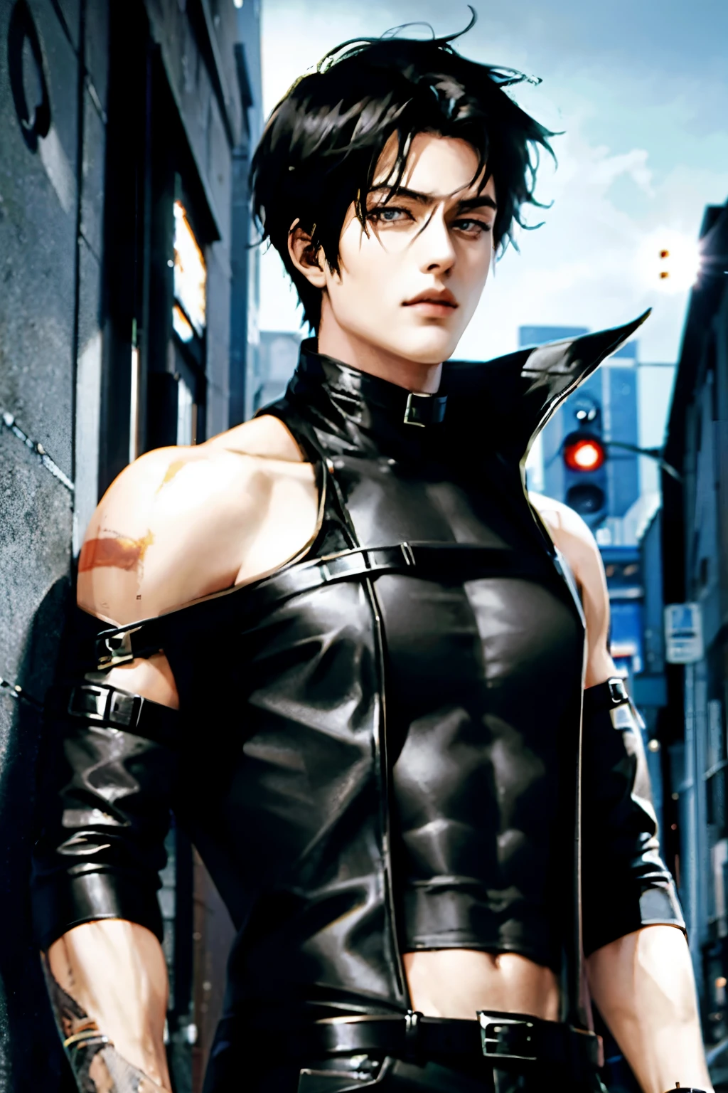 anime sexy man, black short hair, leather jacket, fishnet shirt, shoulder harness