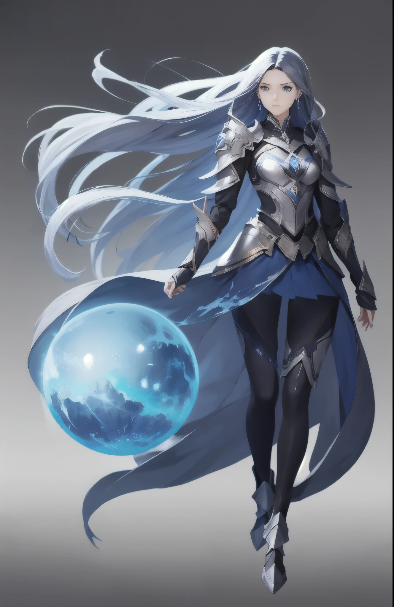 concept art, Character standing painting, 1 girl, long hair, alone, shoulder armor, earrings, jewelry, whole body, background, gray background, blue eyes, sphere, skirt, very long hair, asymmetrical tights, armor, floating