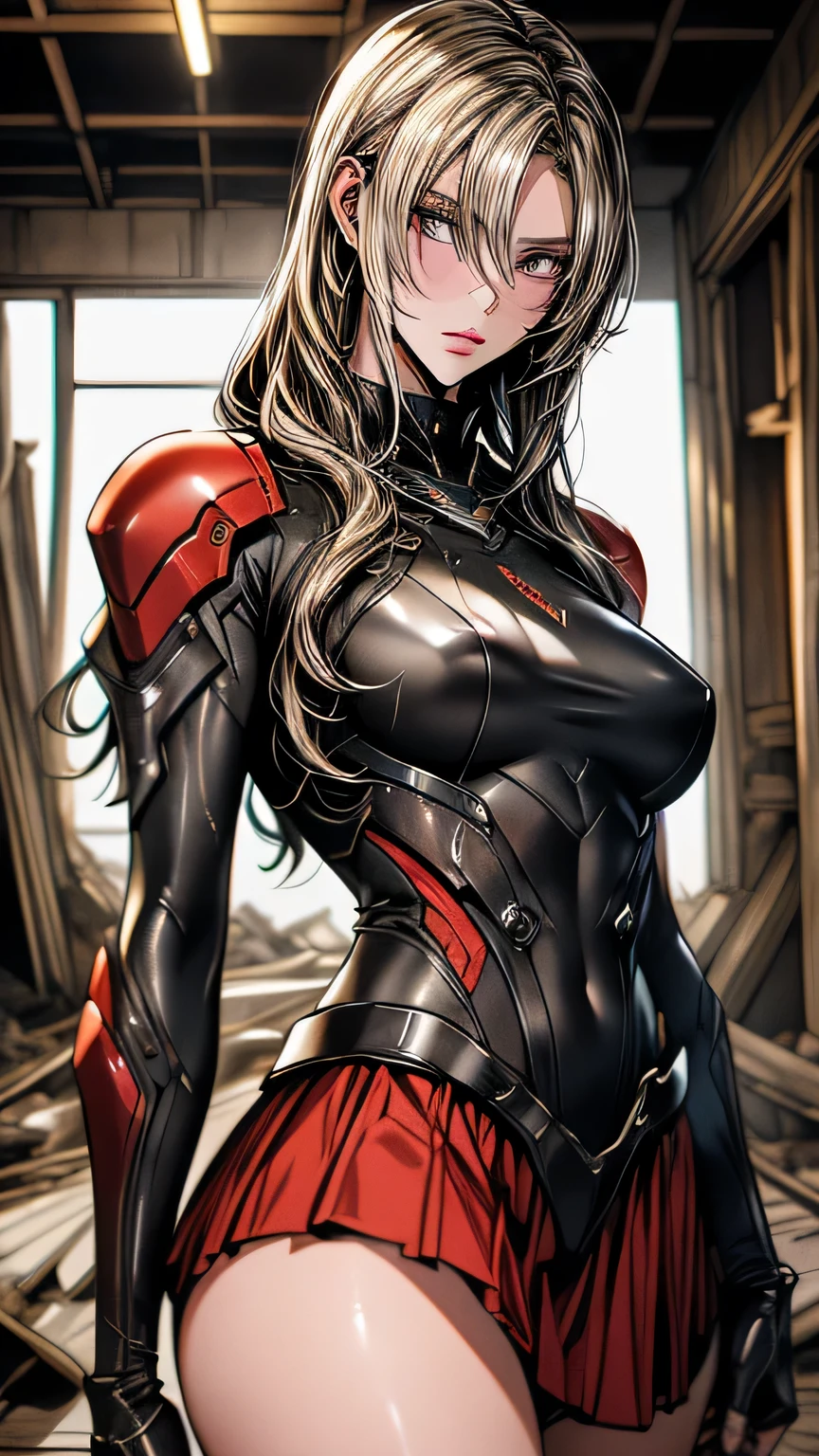 art future anime. bird&#39;perspective, Dirty woman standing in a dilapidated house, wet messy hair above the eyes, Detailed bodycon shirt and short pleated skirt. big ship, close-up landscape, hurt. written by hand, cinematic lighting, very detailed. white, Brown, red. perfect composition, masterpiece, highest quality, 4k, sharp focus. perfect anatomy.(((whiteいマイクロミニランジェリーセット)))､here&#39;s your perspective、