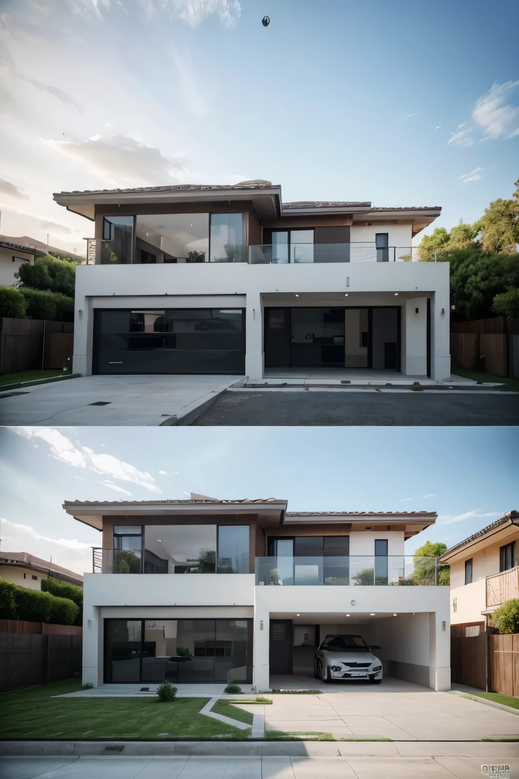 Por gentileza, I would like to request the generation of a rendered image of a super modern two-story house, feita no Revit, view from a cutting angle that is neither frontal nor side. I highlight the inclusion of beautiful glass details on the front facade and an exposed garage, plus a built-in roof and soft colors throughout the construction. Na garagem, por favor, inclua um carro estacionado. Furthermore, gostaria que a imagem mostrasse os interiores da casa, with furniture details in the three bedrooms, two bathrooms and other spaces, como sala de estar, kitchen and living areas. Thank you in advance for your attention to detail and I look forward to seeing the result of this unique representation!