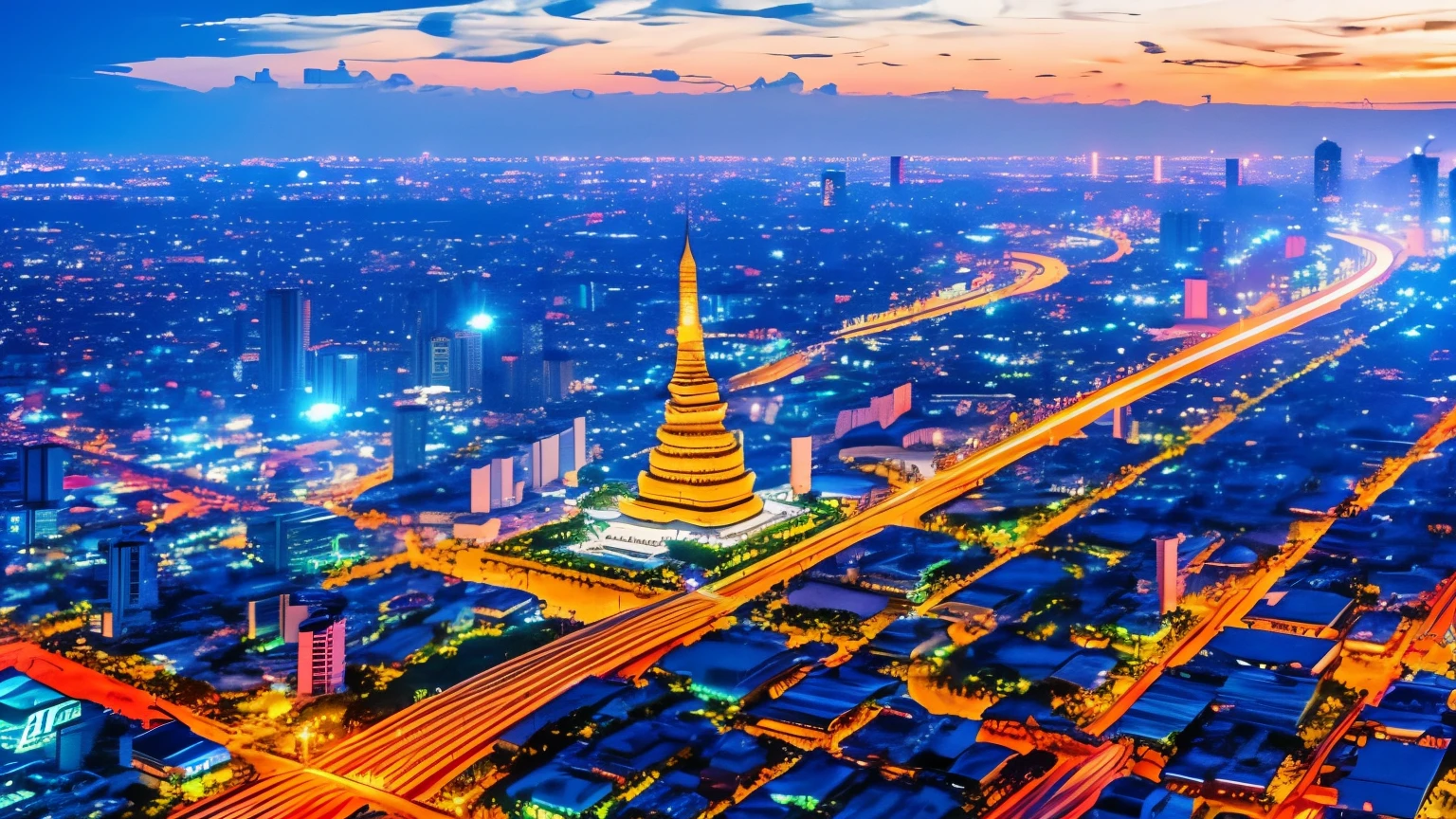 An anime-style aerial view of Bangkok, with a focus on the glittering Wat Arun temple at the heart of the city.
The intricate details of the temple's architecture are highlighted in gold, standing majestically along the riverbank.
The surrounding cityscape basks in the bright, clear sky, showcasing a harmonious blend of tradition and modernity, night view.