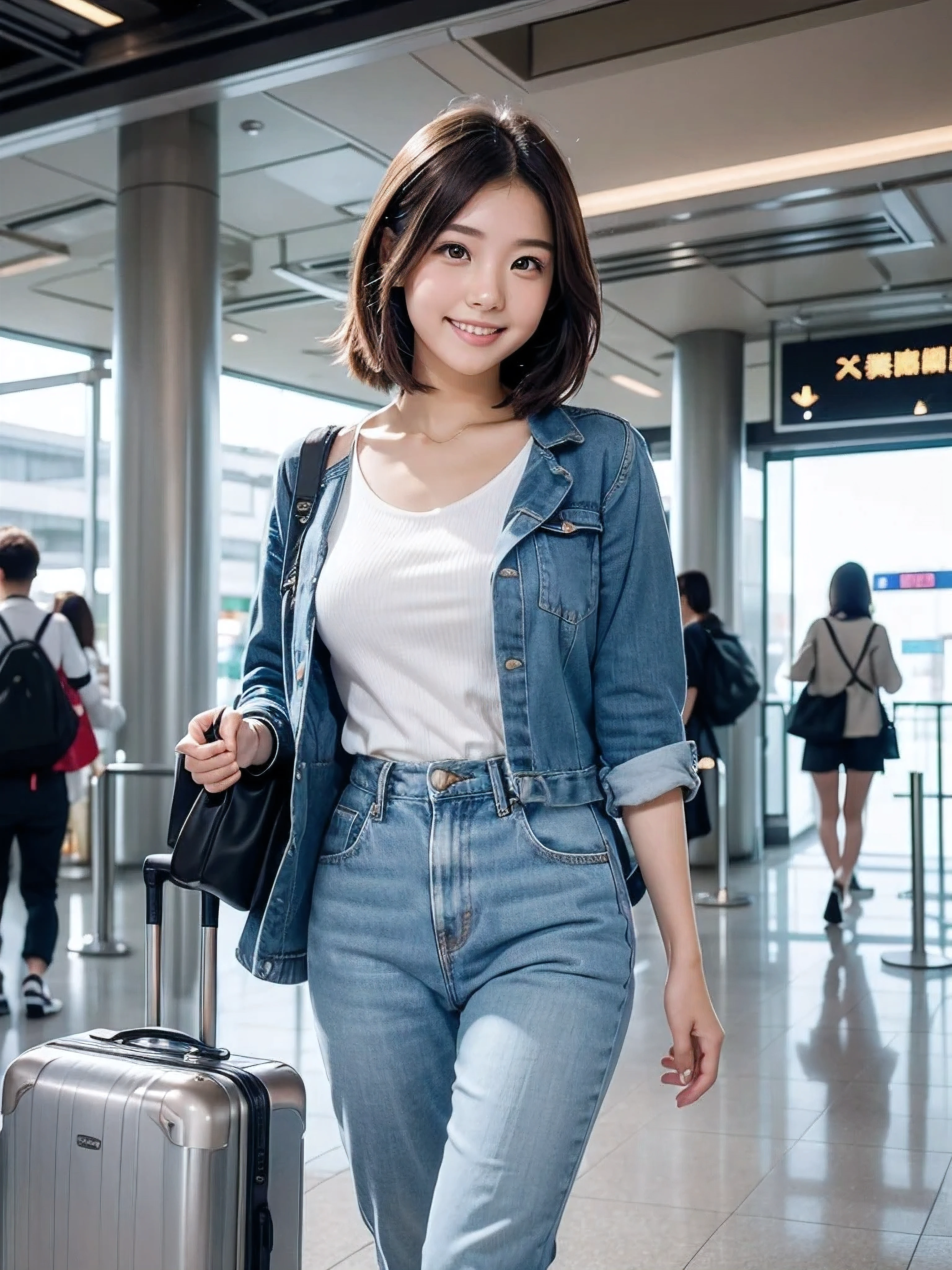 かわいい22歳の日本people女性が羽田空港にいる. She is standing near the boarding gate, holding a suitcase and a passport in her hand. The scene is set with a lively atmosphere, people々Because it&#39;s crowded, prepare for flight. The woman's appearance is stylish and trendy, with a fashionable outfit that reflects her youthful and vibrant personality. Her eyes are bright and full of excitement as she anticipates her upcoming journey. The airport&#39;s iconic architecture is depicted in the background, with its modern design and large glass windows, allow natural light to fill the space. The lighting is soft and warm, Cast a gentle light on the surroundings. The overall image quality is of the highest standard, with ultra-detailed elements and realistic textures. The colors are vivid and vibrant, capturing the energy and liveliness of the airport environment. Prompts are packed with rich visual cues, like "fine eyes," "Trendy clothing," and "lively atmosphere," ensuring a high-quality and aesthetically pleasing image.