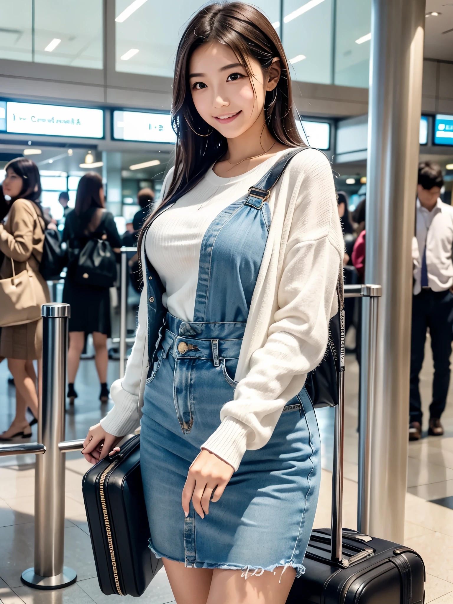 かわいい22歳の日本people女性が羽田空港にいる. She is standing near the boarding gate, holding a suitcase and a passport in her hand. The scene is set with a lively atmosphere, people々Because it&#39;s crowded, prepare for flight. The woman's appearance is stylish and trendy, with a fashionable outfit that reflects her youthful and vibrant personality. Her eyes are bright and full of excitement as she anticipates her upcoming journey. The airport&#39;s iconic architecture is depicted in the background, with its modern design and large glass windows, allow natural light to fill the space. The lighting is soft and warm, Cast a gentle light on the surroundings. The overall image quality is of the highest standard, with ultra-detailed elements and realistic textures. The colors are vivid and vibrant, capturing the energy and liveliness of the airport environment. Prompts are packed with rich visual cues, like "fine eyes," "Trendy clothing," and "lively atmosphere," ensuring a high-quality and aesthetically pleasing image.