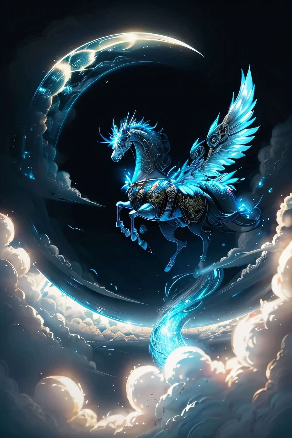 Picture a majestic Kirin soaring through the sky, its opulent horns shimmering with intense brilliance as it flies. The sunlight cascades off its polished hide, creating a dazzling aura around its regal form. With each flap of its enormous wings, a gust of wind carries the scent of fresh jasmine, filling the air with a sense of renewal and positivity. The Kirin's eyes gleam with wisdom and ancient power, as it gracefully navigates through the clouds with an effortless elegance that leaves all who bear witness in awe.
This 4K 16:9 image presents an intricately detailed depiction of the Kir