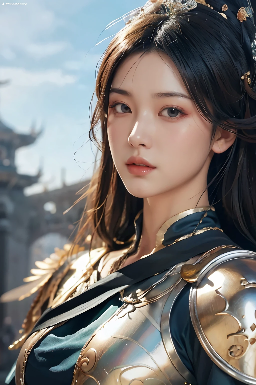 Close-up of a woman wearing a silver and blue dress, chengwei pan on artstation, detailed fantasy art, Stunning character art, Best art sites for fan art, Epic and beautiful character art, beautiful armor, Extremely detailed Artgerm, Detailed digital animation art, artgerm on artstation pixiv, Armor girl