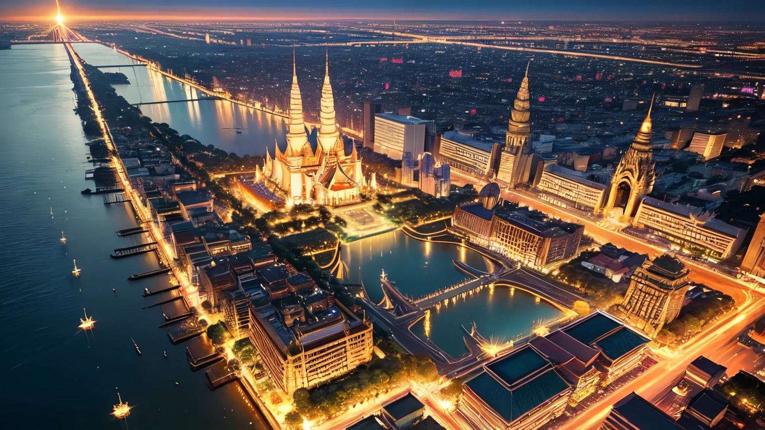 An anime-style aerial view of Bangkok, with a focus on the glittering Wat Arun temple at the heart of the city.
The intricate details of the temple's architecture are highlighted in gold, standing majestically along the riverbank.
The surrounding cityscape basks in the bright, clear sky, showcasing a harmonious blend of tradition and modernity, night view.