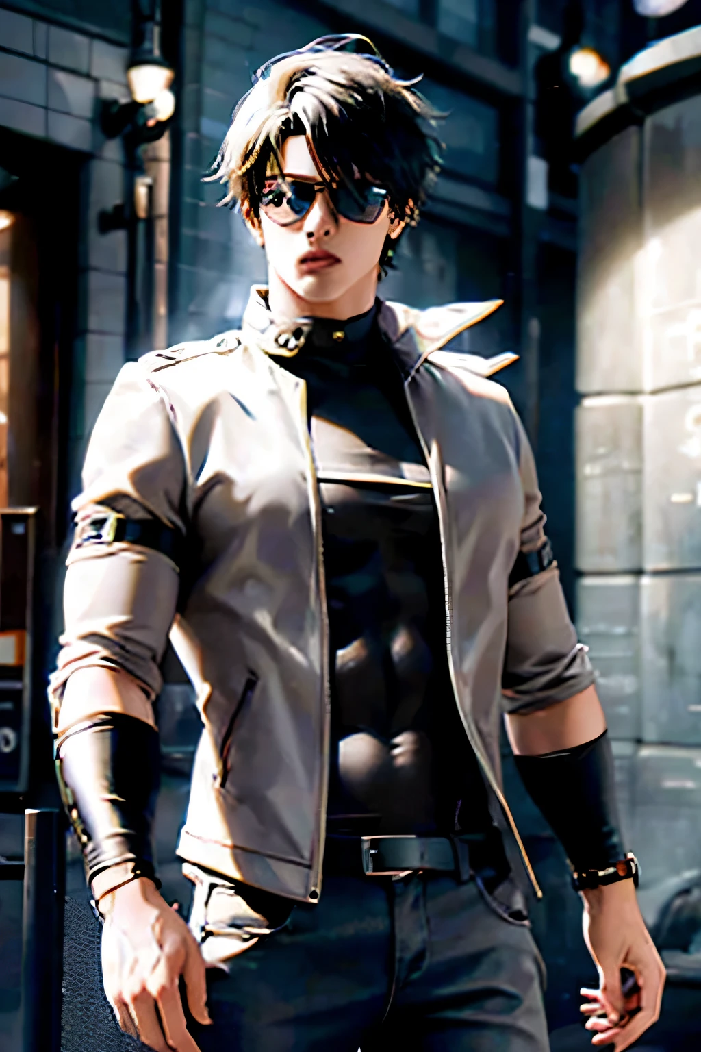 anime sexy man, black short hair, leather jacket, fishnet shirt, shoulder harness, strong, muscle