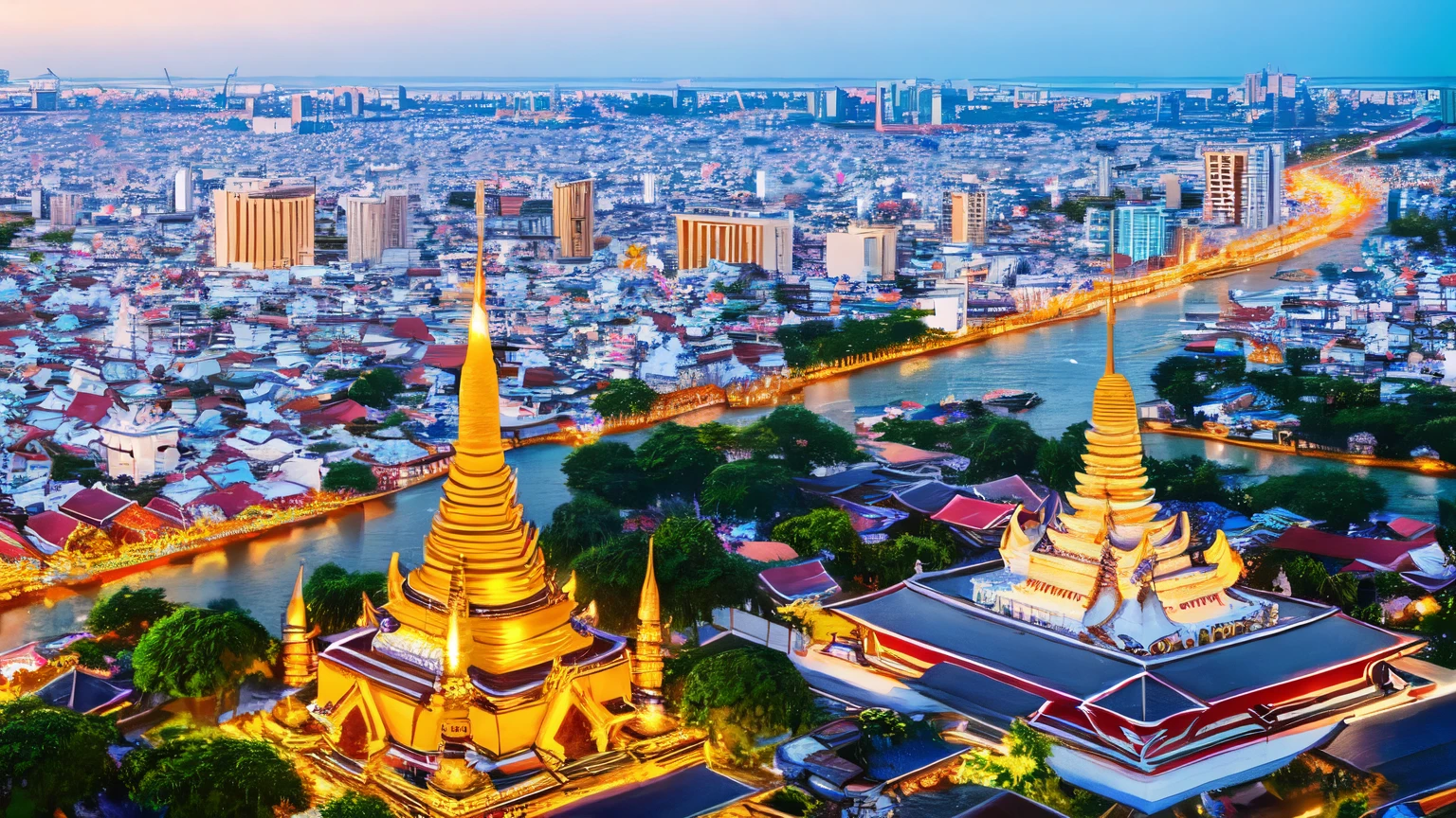 An anime-style aerial view of Bangkok, with a focus on the glittering Wat Arun temple at the heart of the city.
The intricate details of the temple's architecture are highlighted in gold, standing majestically along the riverbank.
The surrounding cityscape basks in the bright, clear sky, showcasing a harmonious blend of tradition and modernity, night view.