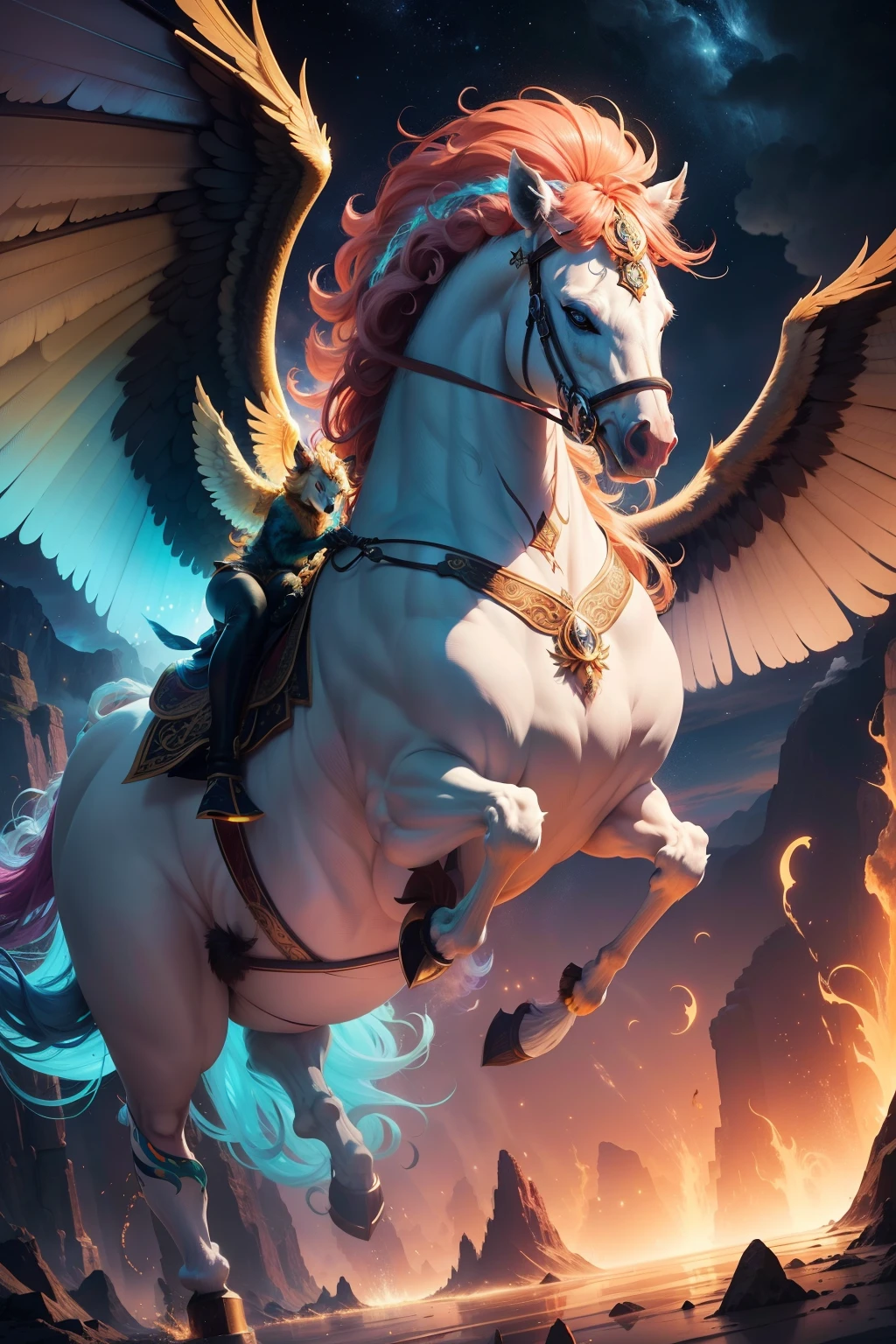 best quality,ultra-detailed,realistic,photorealistic:1.37,colorful, vibrant, glowing,Kirin, flying, majestic creature, intense brilliance, sparkling, ethereal, mythical, magical, surreal, atmospheric lighting, dreamlike, fantasy, powerful presence, intricate details, graceful, fluid movements, dynamic composition, celestial, vibrant colors, wisps of clouds, golden mane, radiant energy, otherworldly, awe-inspiring