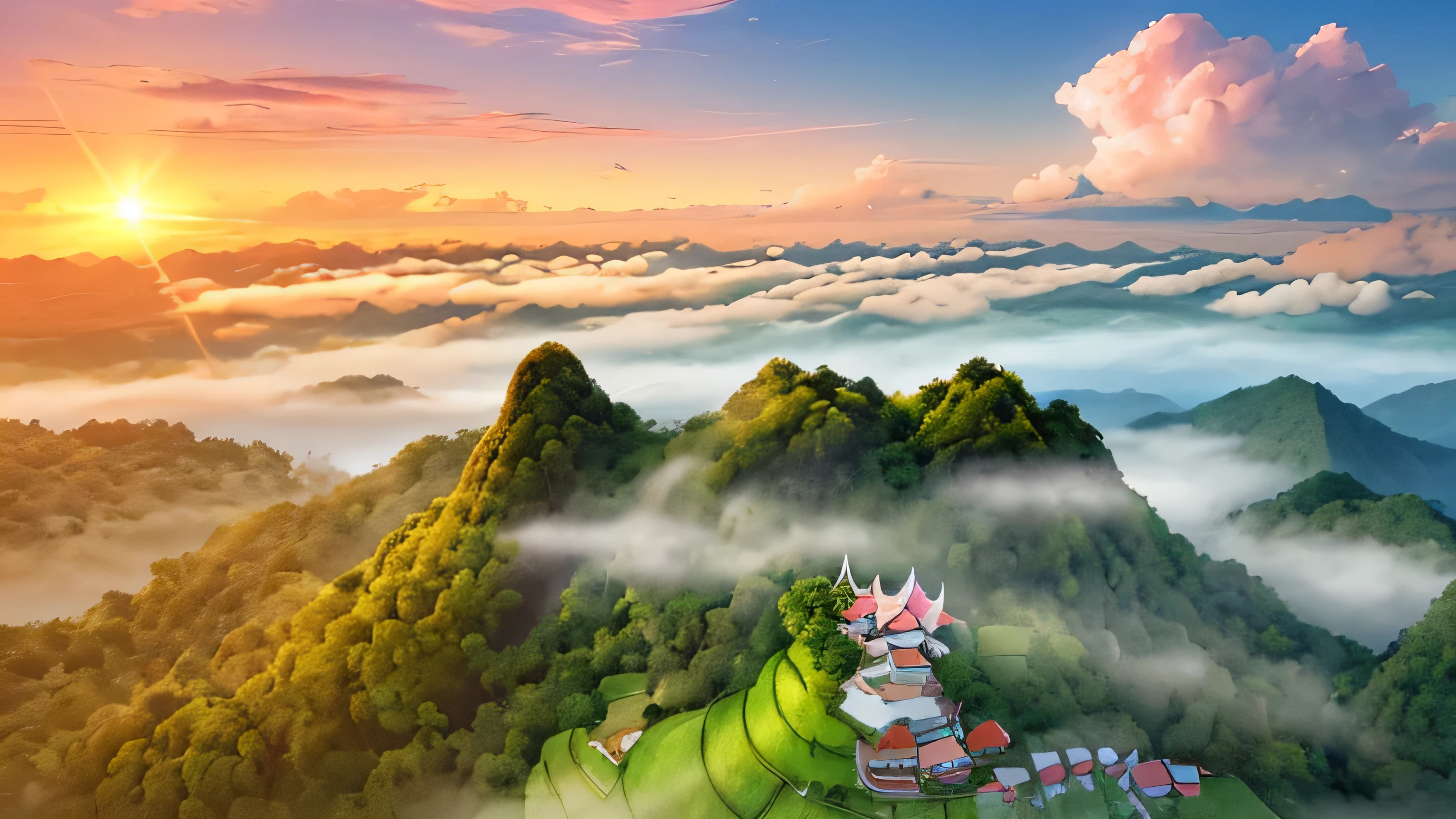 Anime-style panoramic drone shots capture the tranquil beauty of Chiang Rai's lush green mountains., Covered in a gentle sea of mist in the morning..
Strawberry fields add bright red to the landscape., Contrast with the lush shades of green..
above, The sky is clear., Bright Blue, With the sun shining softly, Golden light illuminates the scene with a dreamy glow.