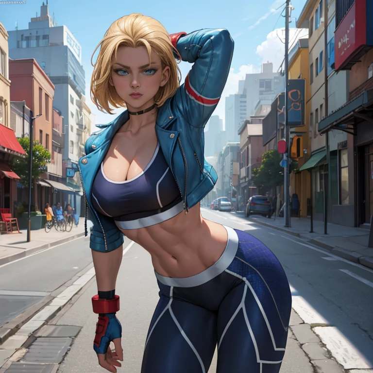 ""Cammy - Dark blue sports bra, black yoga pants, light blue leather jacket, posing for playboy magazine" by Steve McCurry, 35mm, F/2.8, insanely detailed and intricate, High quality, high coherence, deep focused image, realistic full-length photo, anatomically correct, blonde hair, blue eyes, perfect hands, in the city, hypermaximalist, sensual, provocative, beautiful, exotic, revealing, appealing, attractive, erotic, hyper-realistic, super detailed, popular on Flickr, published on March 19, 2018” 