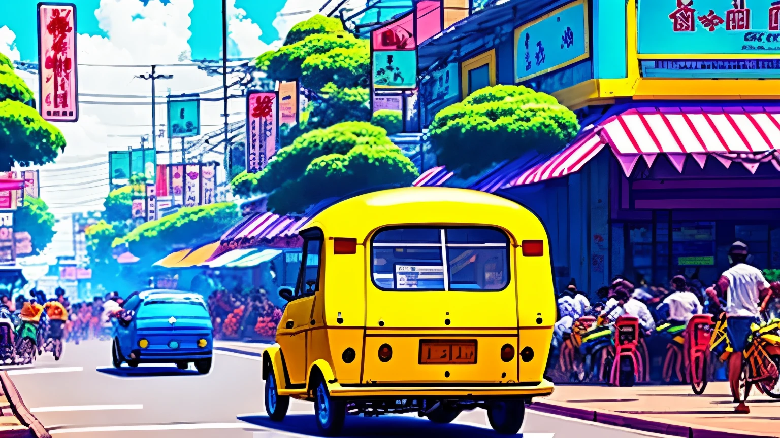 Thai tuk-tuk blue and yellow color. anime