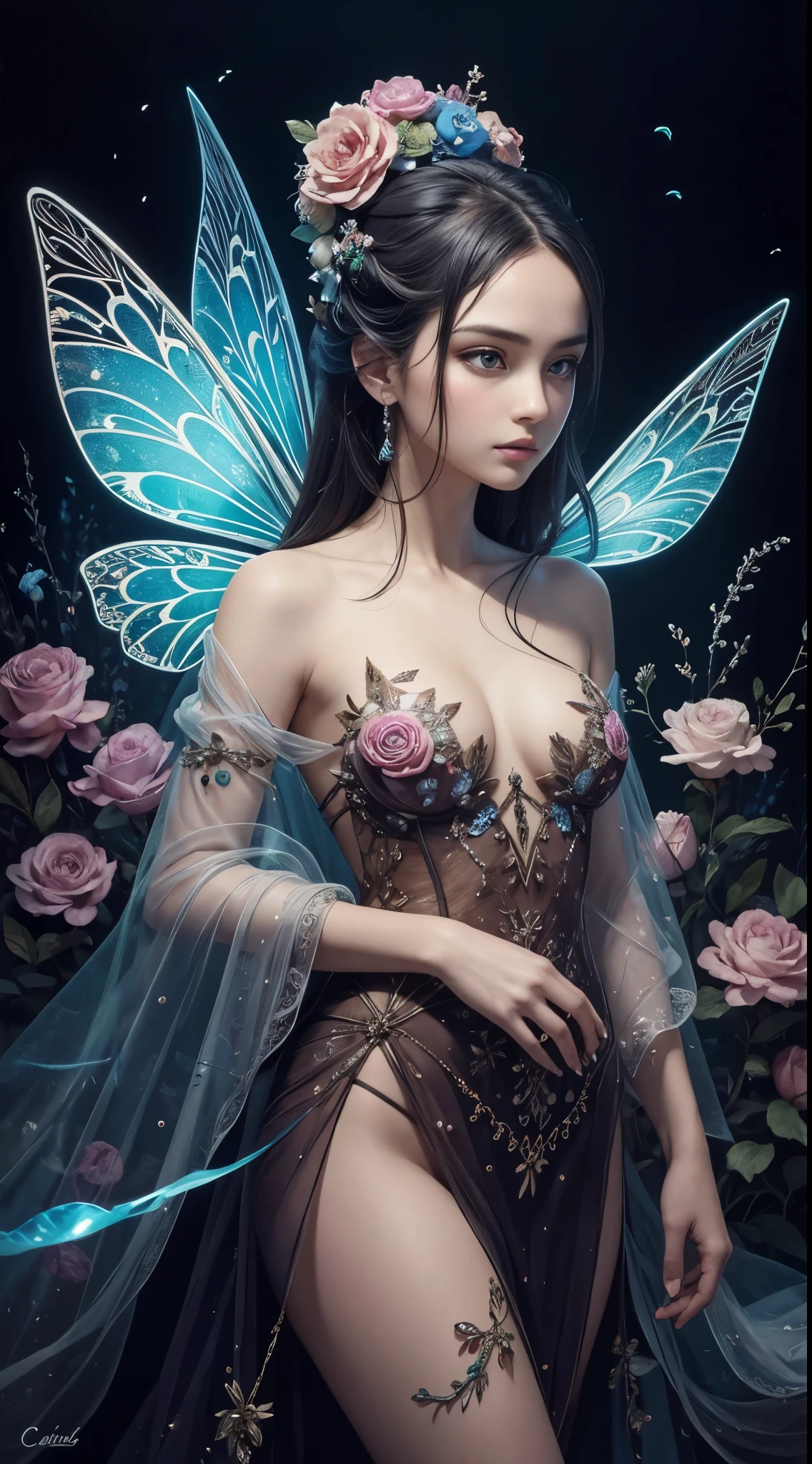 This prompt describes a professional masterpiece action painting created using oil as the medium. The painting is highly stylized and is done on cracked and broken glass, mixed with lines and markers. The artwork is created by artists Christine Ellger and Mark Ryden. The painting features a bioluminescent beautiful tender flower fairy girl with sharp glowing eyes. The eyes are expressive and highly detailed. The painting also portrays detailed petals with texture, including water drops on the petals. The petals are transparent and intricately textured. The overall artwork has a sculptural quality with artistic tenderness. The artwork is beautiful and every tiny detail is carefully depicted.