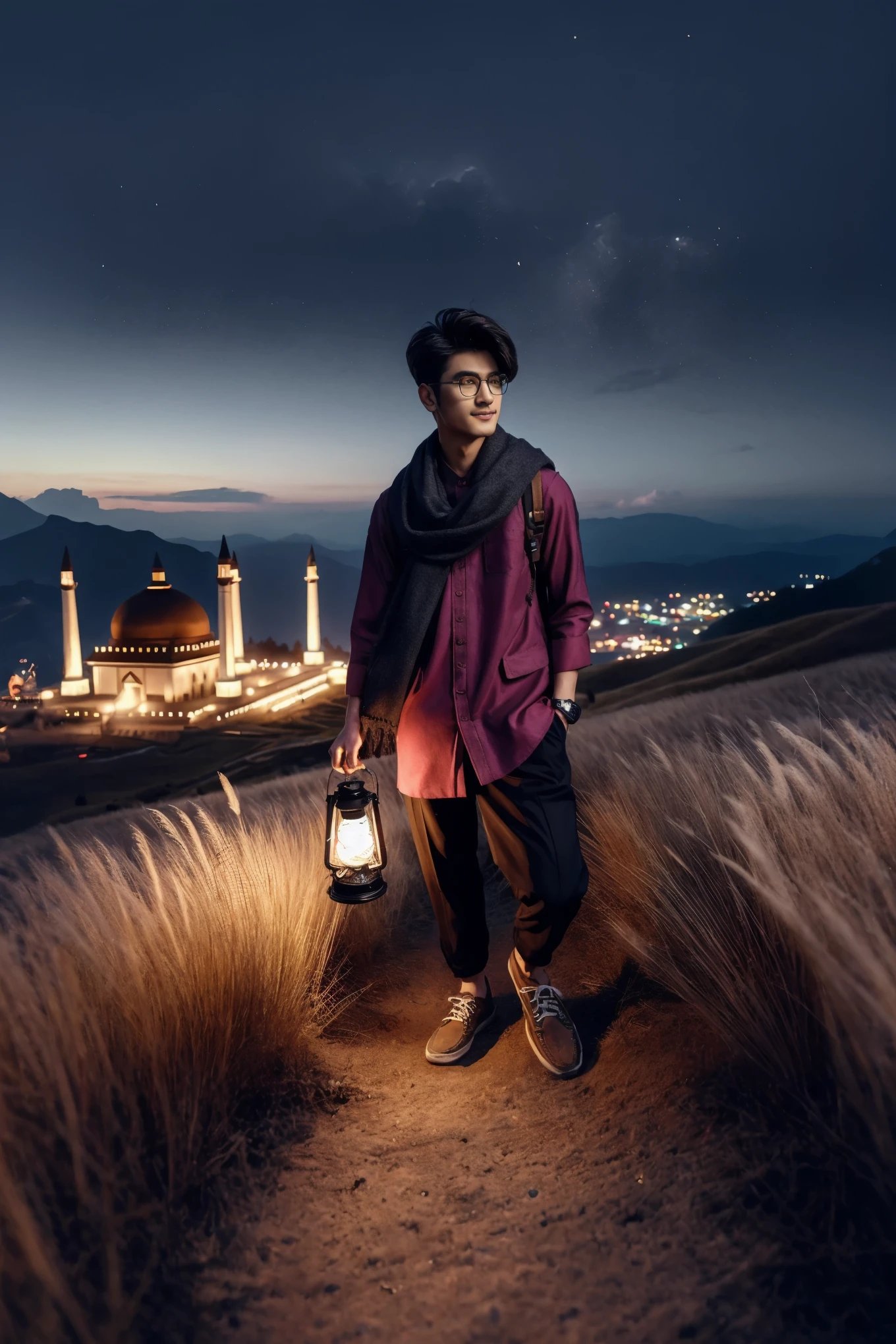 arafed man standing on a hill holding a lantern and a cell phone, holding a lantern, mid shot portrait, profile picture 1024px, matte painting portrait shot, high quality portrait, full body portrait shot, portrait shot, inspired by Amir Zand, perfect composition and lighting, trending on 5 0 0 px, trending on 500px