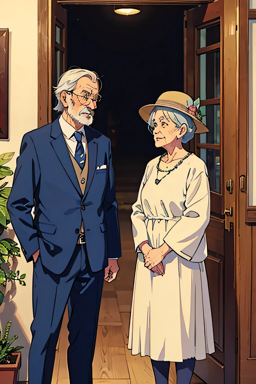 An old couple,elder,old lady,stand together,three quarters side