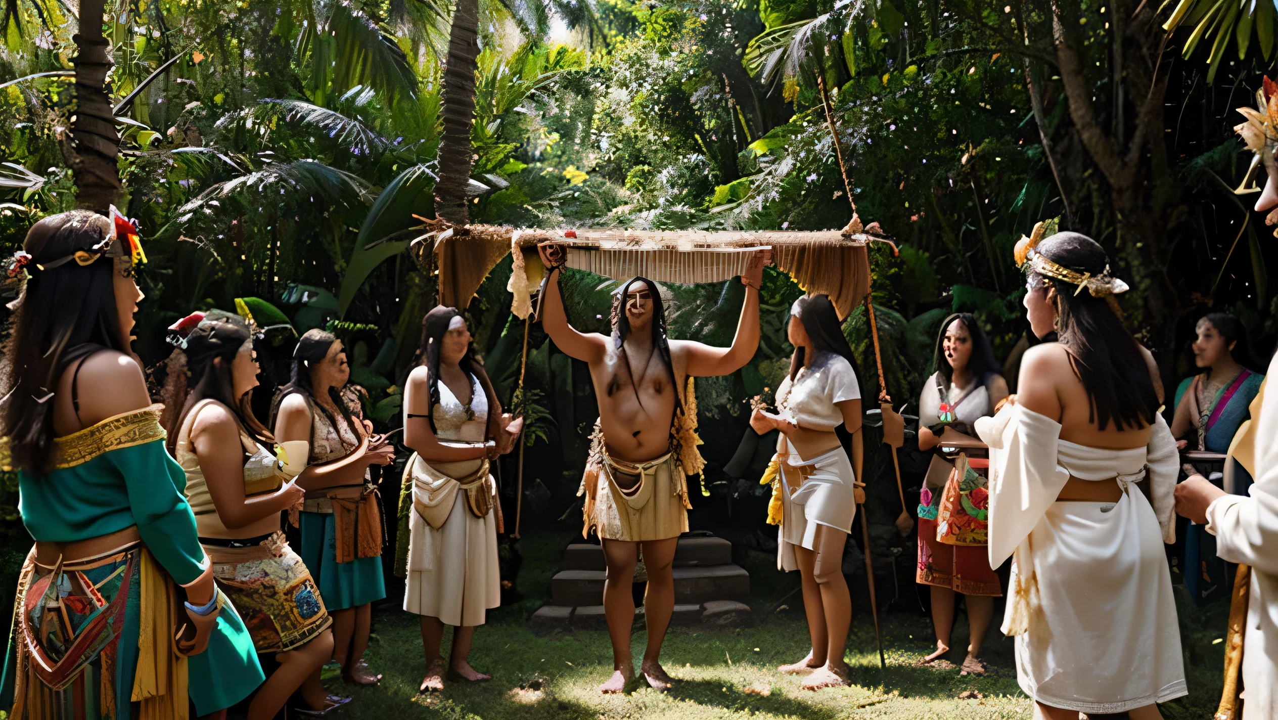 "Create an image of an early Maya gathering in a clearing in the rainforest, performing a religious ceremony. In the center of the clearing, depict the chief wearing a headdress adorned with feathers, symbolizing his connection to the spirit world. He also wears a loincloth made from woven fibers, decorated with intricate patterns and symbols. Around the chief, show other Maya wearing a cotton or woven fiber garment, such as a loincloth or huipil, decorated with intricate patterns and vibrant colors. Additionally, include accessories such as jewelry made from jade, shells, or feathers,wearing a cotton or woven fiber garment, such as a loincloth or huipil, decorated with intricate patterns and vibrant colors. Additionally, include accessories such as jewelry made from jade, shells, or feathers,individuals participating in the ceremony, dressed in similar traditional attire. Some are playing musical instruments or holding ceremonial objects, while others are chanting or dancing. In the background, depict the dense rainforest, with tall trees and lush vegetation surrounding the clearing. The sunlight filters through the canopy, creating a mystical atmosphere. Capture the spiritual significance of the ceremony and the close relationship between the Maya people and their natural environment."