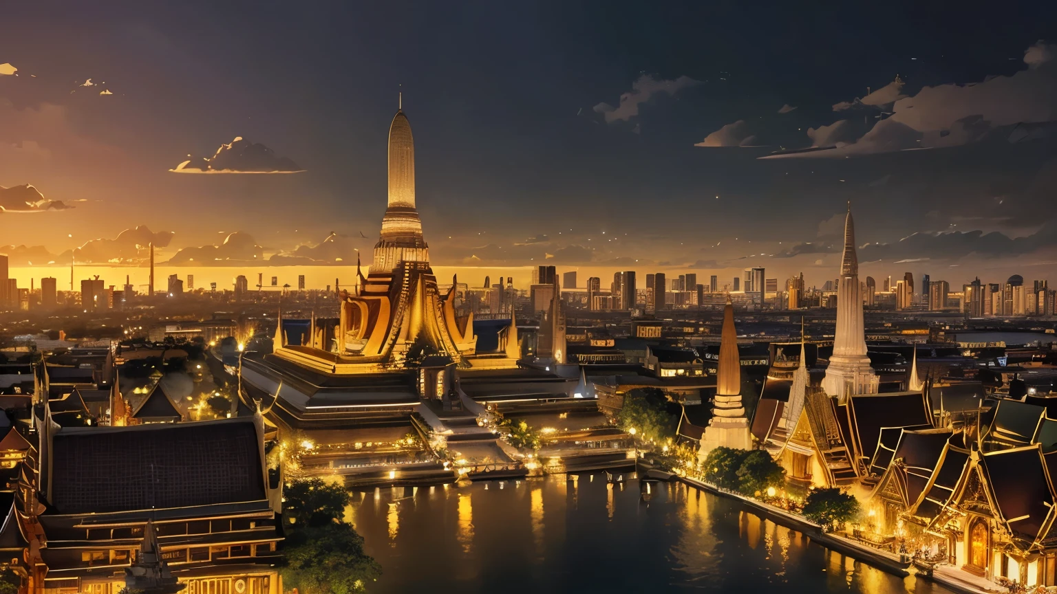 An dark fantasy-style aerial view of Bangkok, with a focus on the glittering Wat Arun temple at the heart of the city.
The intricate details of the temple's architecture are highlighted in gold, standing majestically along the riverbank.
The surrounding cityscape basks in the bright, clear sky, showcasing a harmonious blend of tradition and modernity.