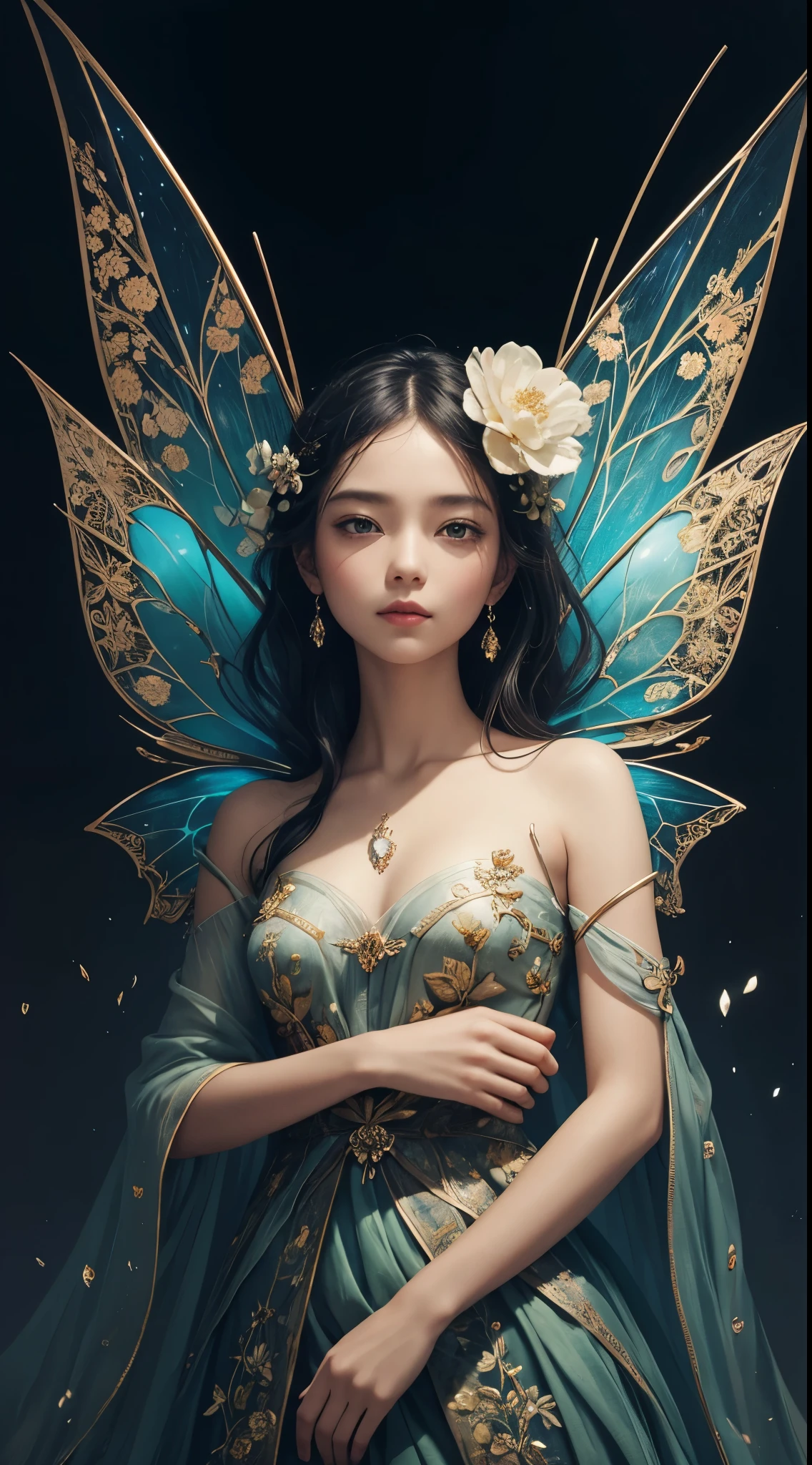 This prompt describes a professional masterpiece action painting created using oil as the medium. The painting is highly stylized and is done on cracked and broken glass, mixed with lines and markers. The artwork is created by artists Christine Ellger and Mark Ryden. The painting features a bioluminescent beautiful tender flower fairy girl with sharp glowing eyes. The eyes are expressive and highly detailed. The painting also portrays detailed petals with texture, including water drops on the petals. The petals are transparent and intricately textured. The overall artwork has a sculptural quality with artistic tenderness. The artwork is beautiful and every tiny detail is carefully depicted.