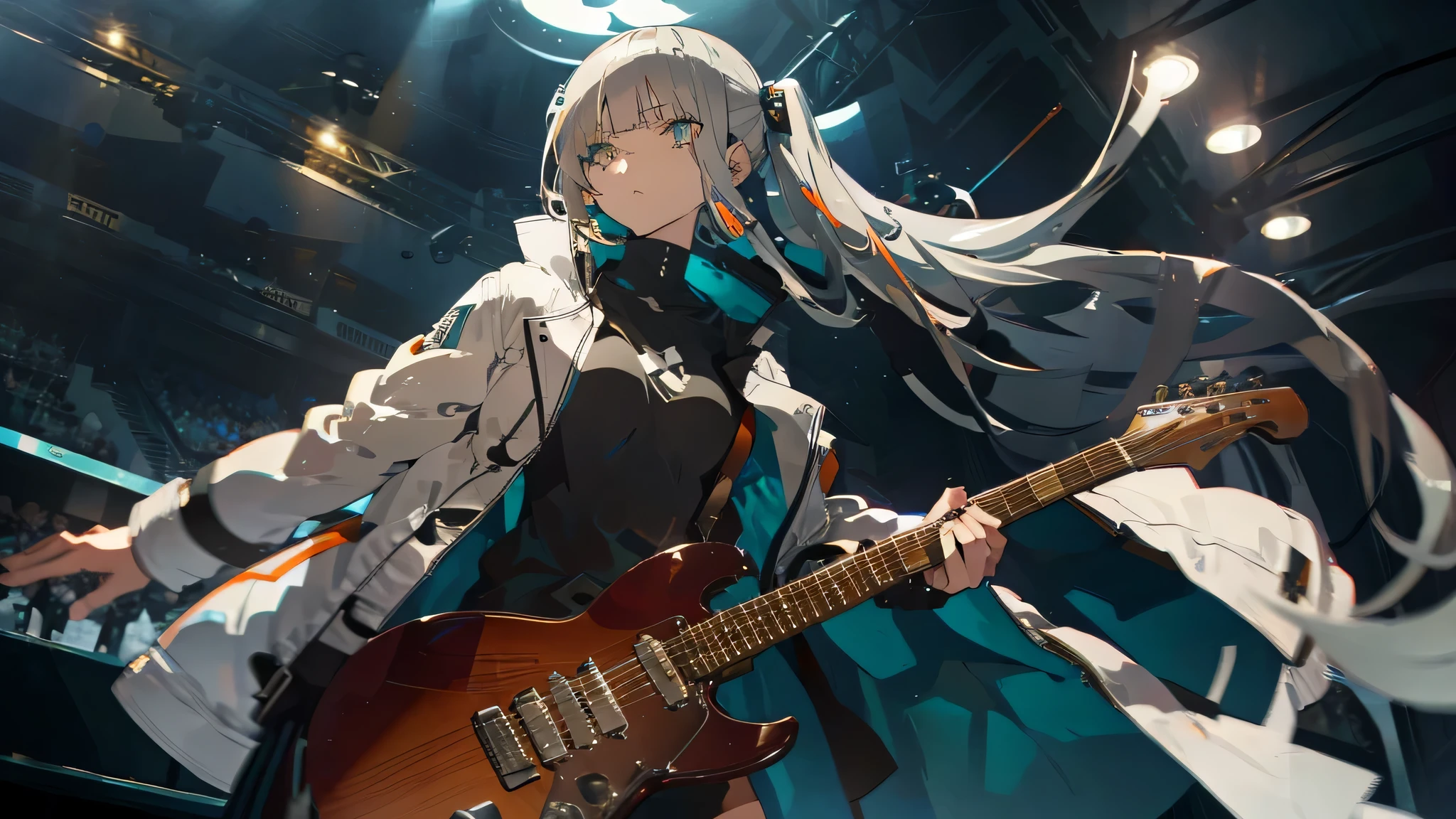 blunt bangs,gray hair,The inside of the hair is orange,Asymmetrical hairstyle with one side long,beautiful woman like a model,Slender,tall,wearing a white coat,green eyes,droopy eyes,playing the guitar,Ennui atmosphere,live stage,Exposure to lighting,one person