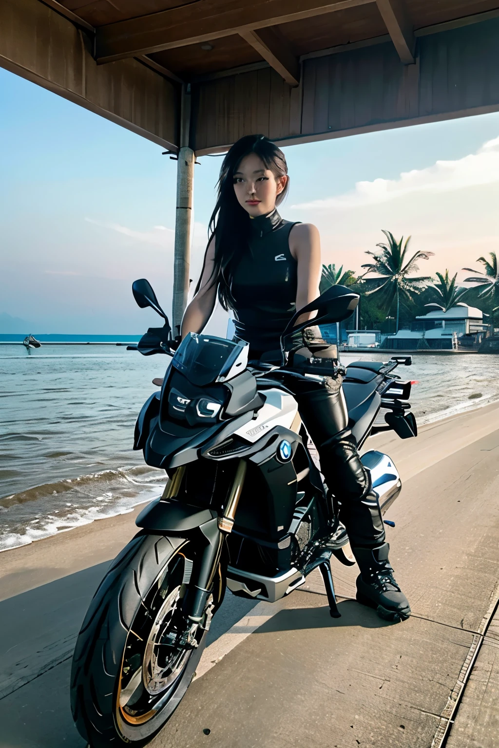 1girl, sitting on a motorcycle with black pants, sitting on BMW G310GS  motorbike, cyberpunk streetwear,  ,Koh Samui Thailand beach background.