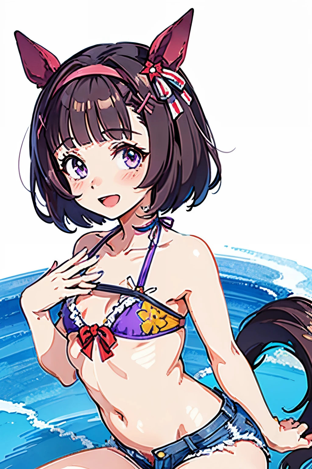 NSFW, , Pulling up a dress,bare chest,nipple,round genitals,revealing clothes,Uma Musume,Nishino flower,marl,short hair,red headband,beautiful purple eyes,purple and yellow dress,ribbon,,,Curvaceous,flower garden,smile with open mouth,blush,embarrassed face,best image quality,table top,)),(masterpiece),figure,brown hair,long hair,purple eyes,flowing bangs,long bangs,long hair,small breasts,hair covers right eye, smile,looking at the viewer,((highly detailed eyes)), (((bikini))), masterpiece, highest quality, (abnormal body, small breasts, horse tail,smile, pool, whole body, frontage,hot pants denim,nipple