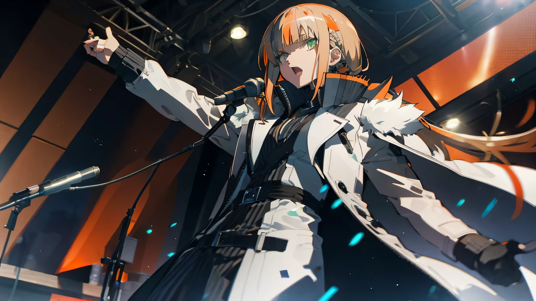 blunt bangs,orange inner hair color,gray hair,orange hair highlights,asymmetric hairstyle,adult beauty,Slender,tall,wearing a white coat,green eyes,singing alone with a microphone