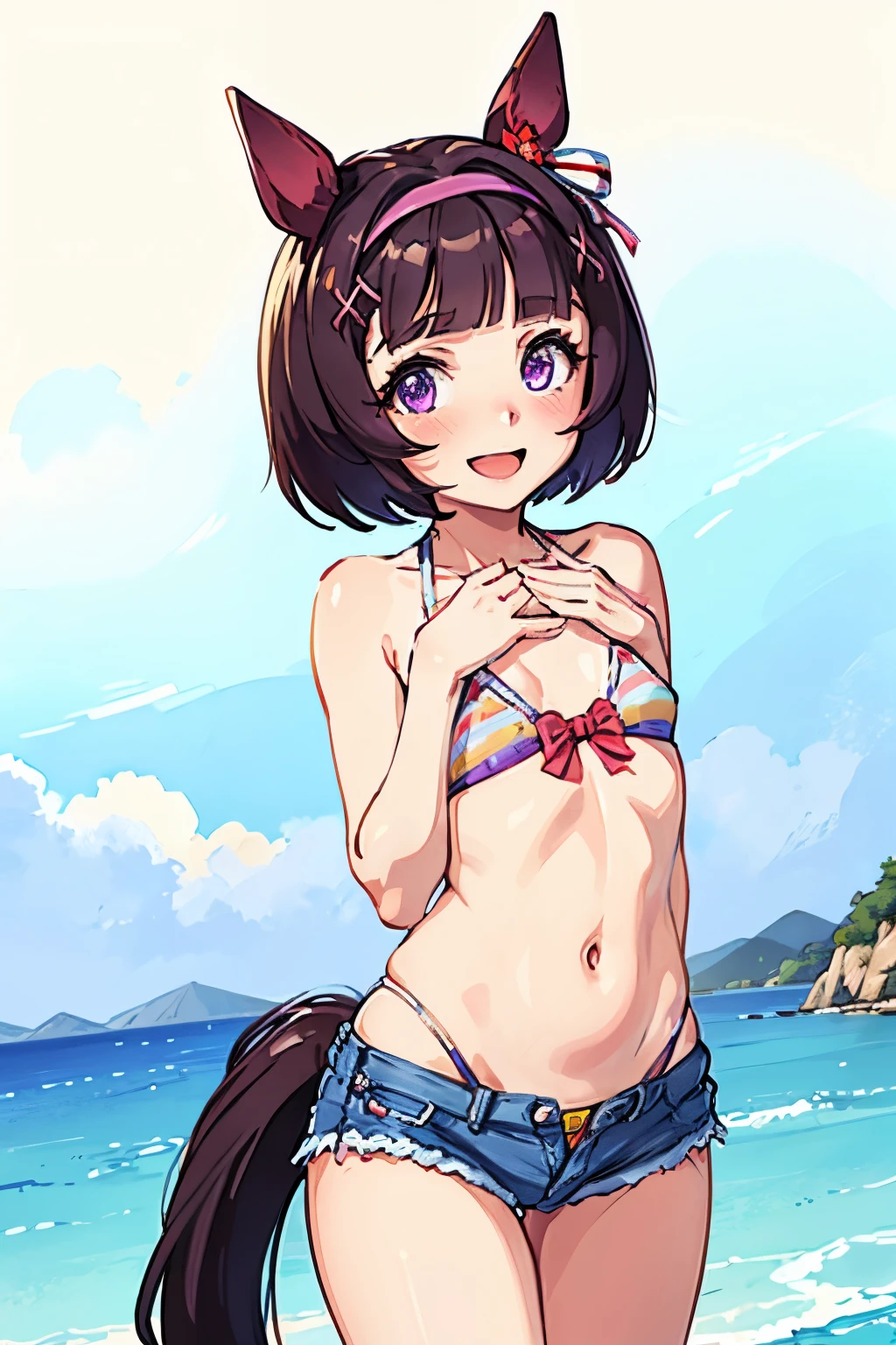 NSFW, , Pulling up a dress,bare chest,nipple,round genitals,revealing clothes,Uma Musume,Nishino flower,marl,short hair,red headband,beautiful purple eyes,purple and yellow dress,ribbon,,,Curvaceous,flower garden,smile with open mouth,blush,embarrassed face,best image quality,table top,)),(masterpiece),figure,brown hair,long hair,purple eyes,flowing bangs,long bangs,long hair,small breasts,hair covers right eye, smile,looking at the viewer,((highly detailed eyes)), (((bikini))), masterpiece, highest quality, (abnormal body, small breasts, horse tail,smile, pool, whole body, frontage,hot pants denim,nipple