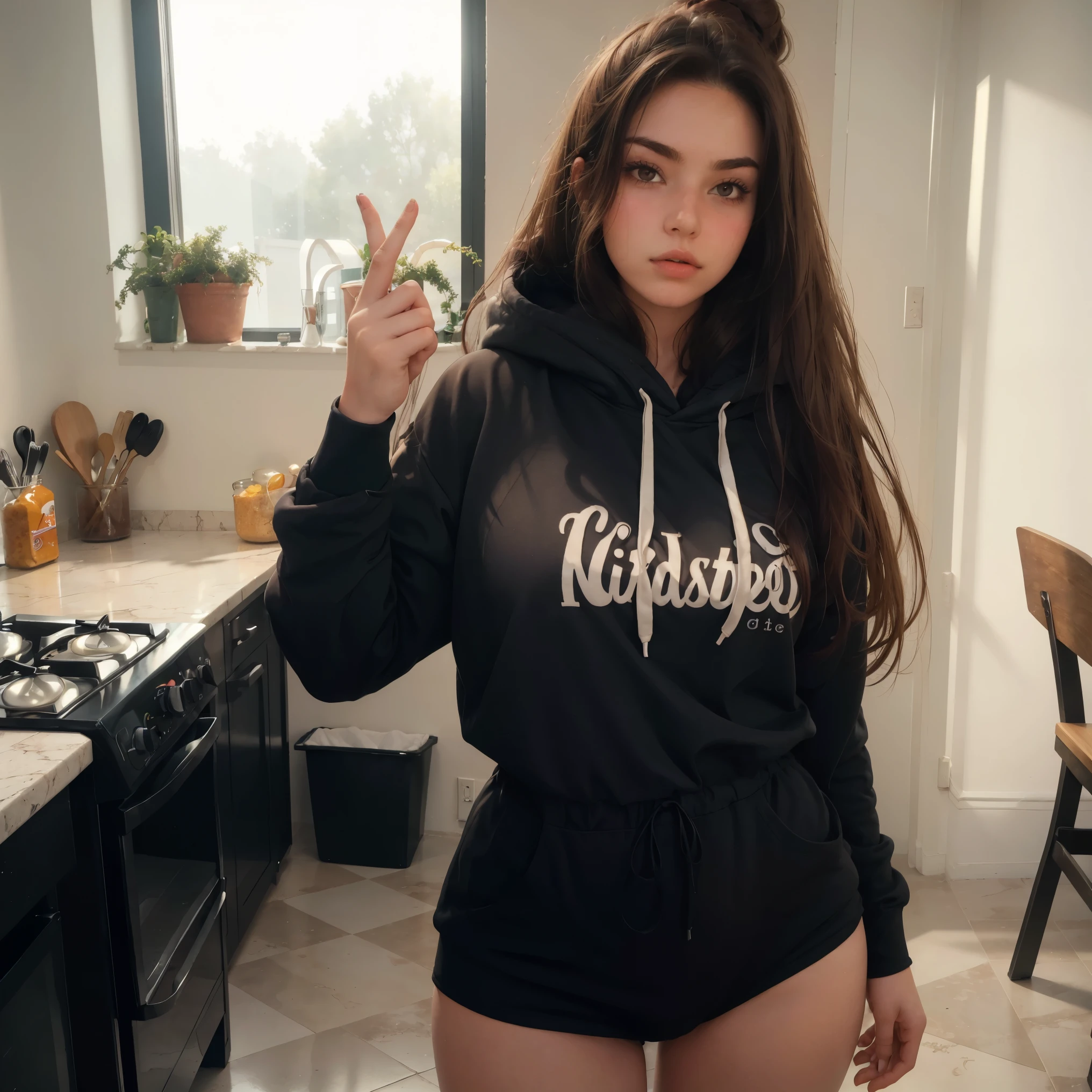 (best quality,masterpiece,ultra-high-res,photorealistic:1.2), 1girl 28 years old,(thick heavy hoodie going down to hips),beautiful detailed eyes,long eyelashes,wavy hair,soft sunlight, modern kitchen with lots of house plants, no pants, messy hair bun, standing up, large higher and hips, (bare legs), (1girl), standing in kitchen,bottom of hoodie stretching out to hips, (lauren alexis),oft light, 1girl, full body, beautiful thighs, extremely beautiful face , Perfect body proportions, (small face: 1.1), bust, no pants and no shorts, slightly mexican face