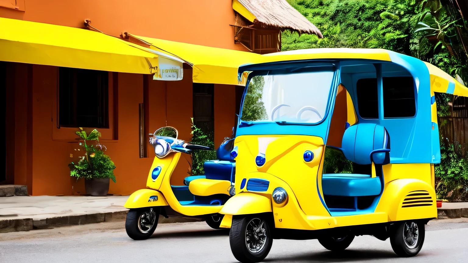 blue and yellow tuk tuk.