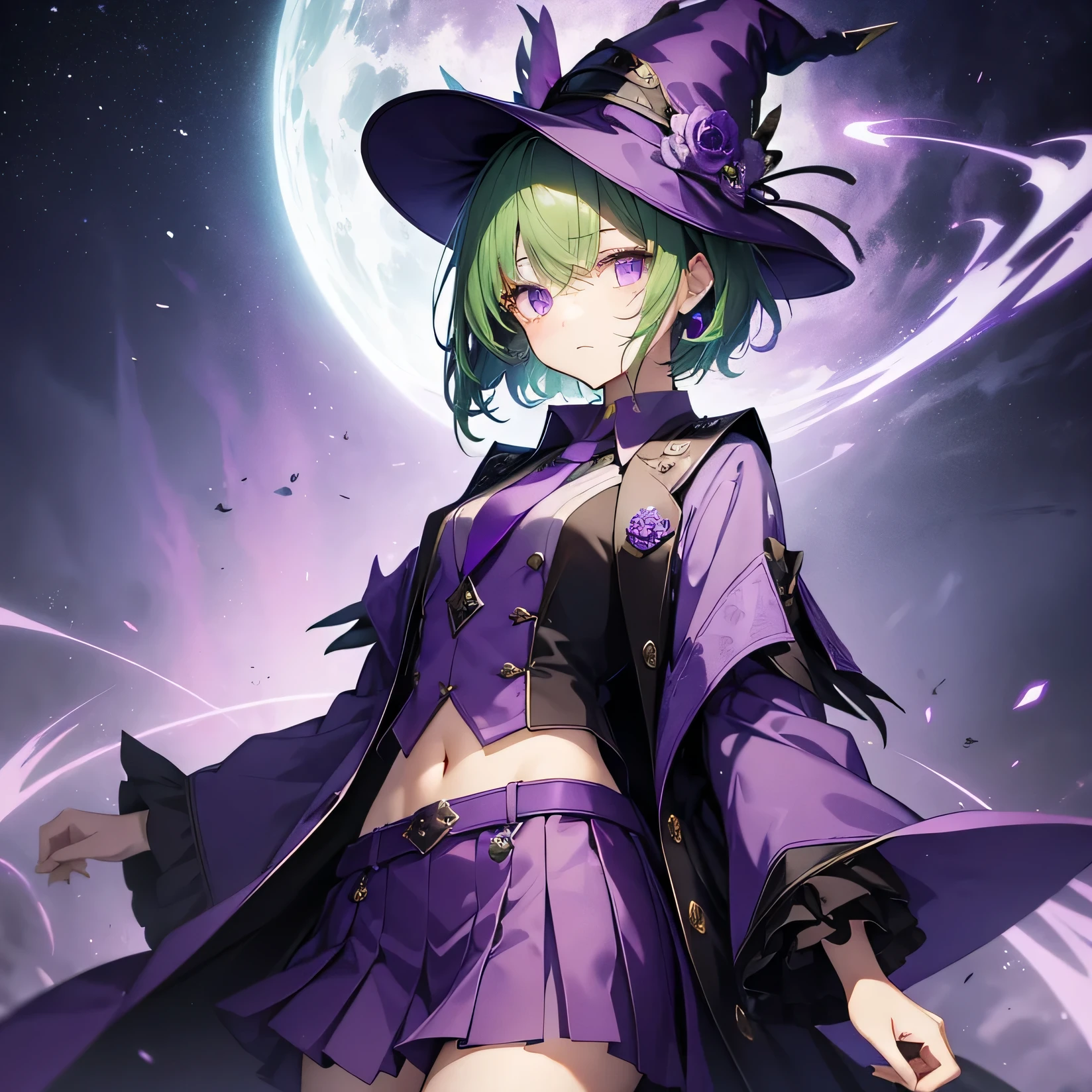 highest quality、very delicate and beautiful、(teenage girl)、purple eyes、green hair、short haired、(Purple Witch Hat)、purple tie、I、short sleeve、purple skirt、tactical vest,purple wizard's robe、belly button、standing、facing the front、expression of hatred、dark background、Eye mark only