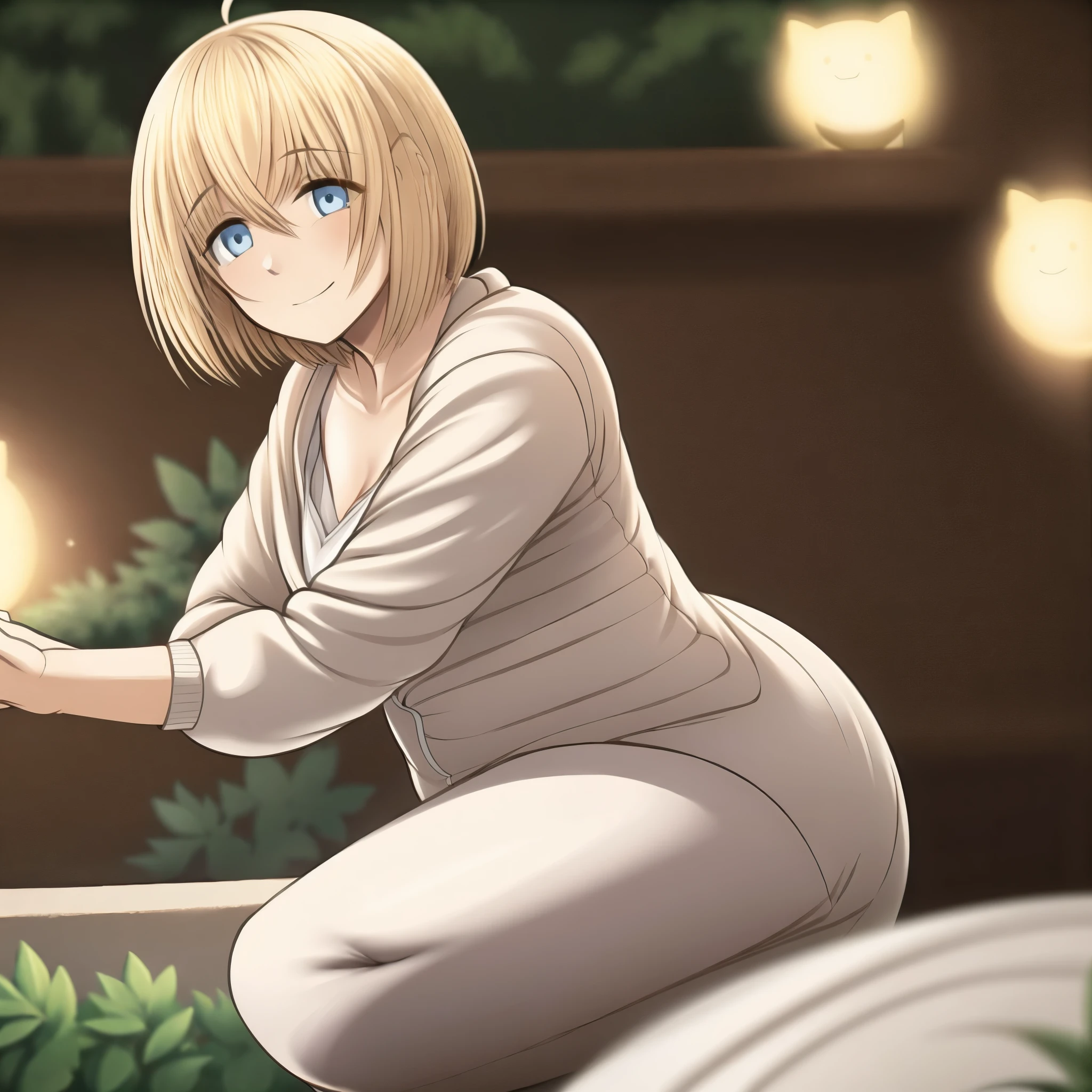 A girl in white casual clothes in a park, perfect legs, perfect arms, perfect hands, faint blue eyes, short blonde hair, cute, smiling face.