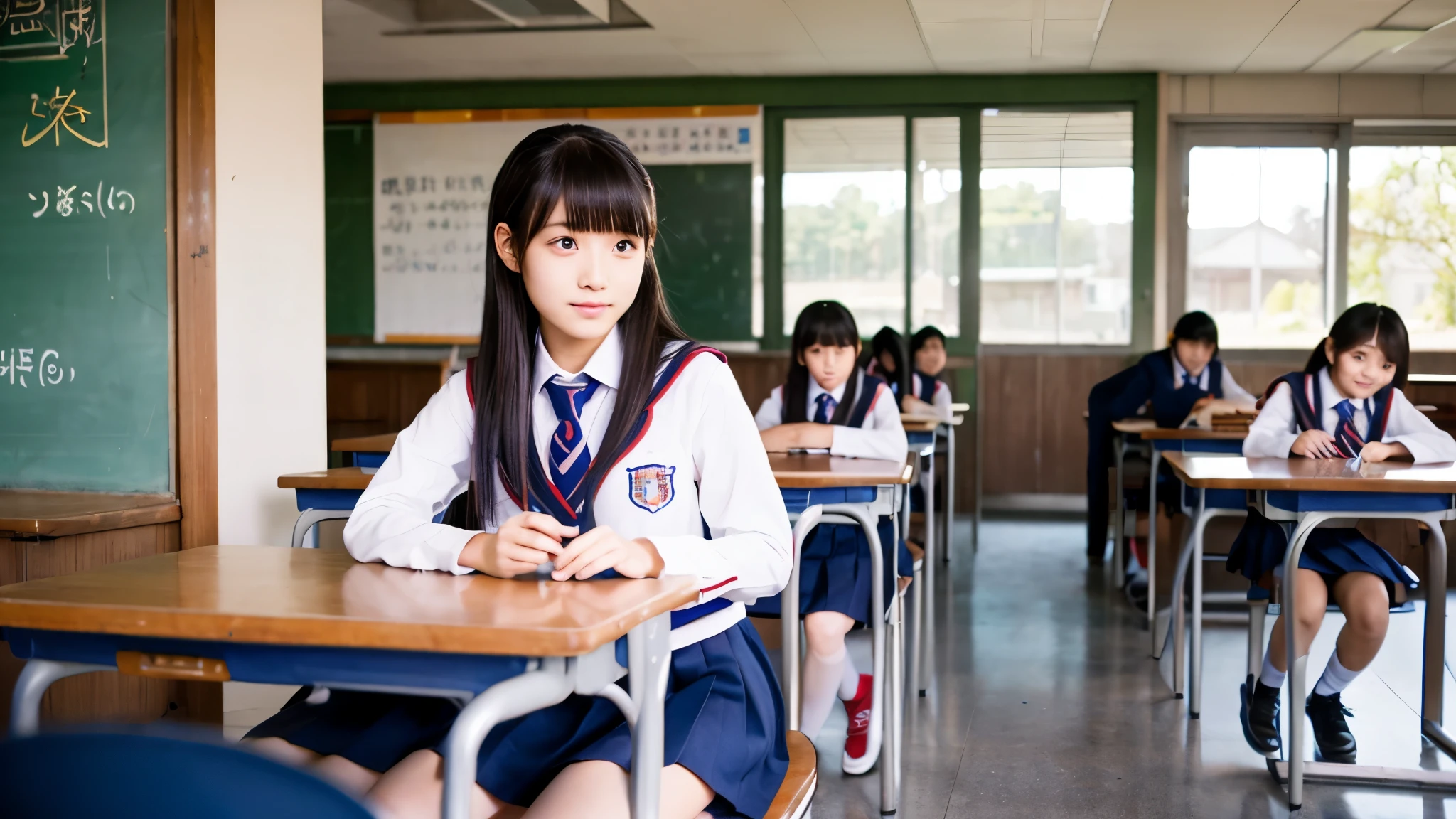 classroom, school uniform, uwabaki, from outside, 2girls, 2boys, chair